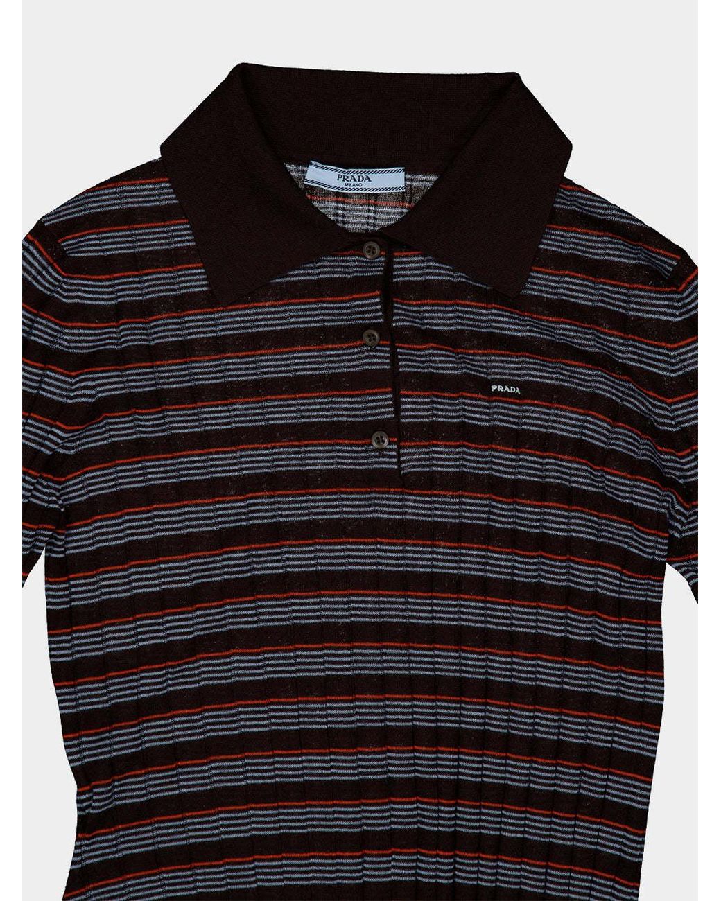 Prada Black Striped Embroidered Knit Polo Top