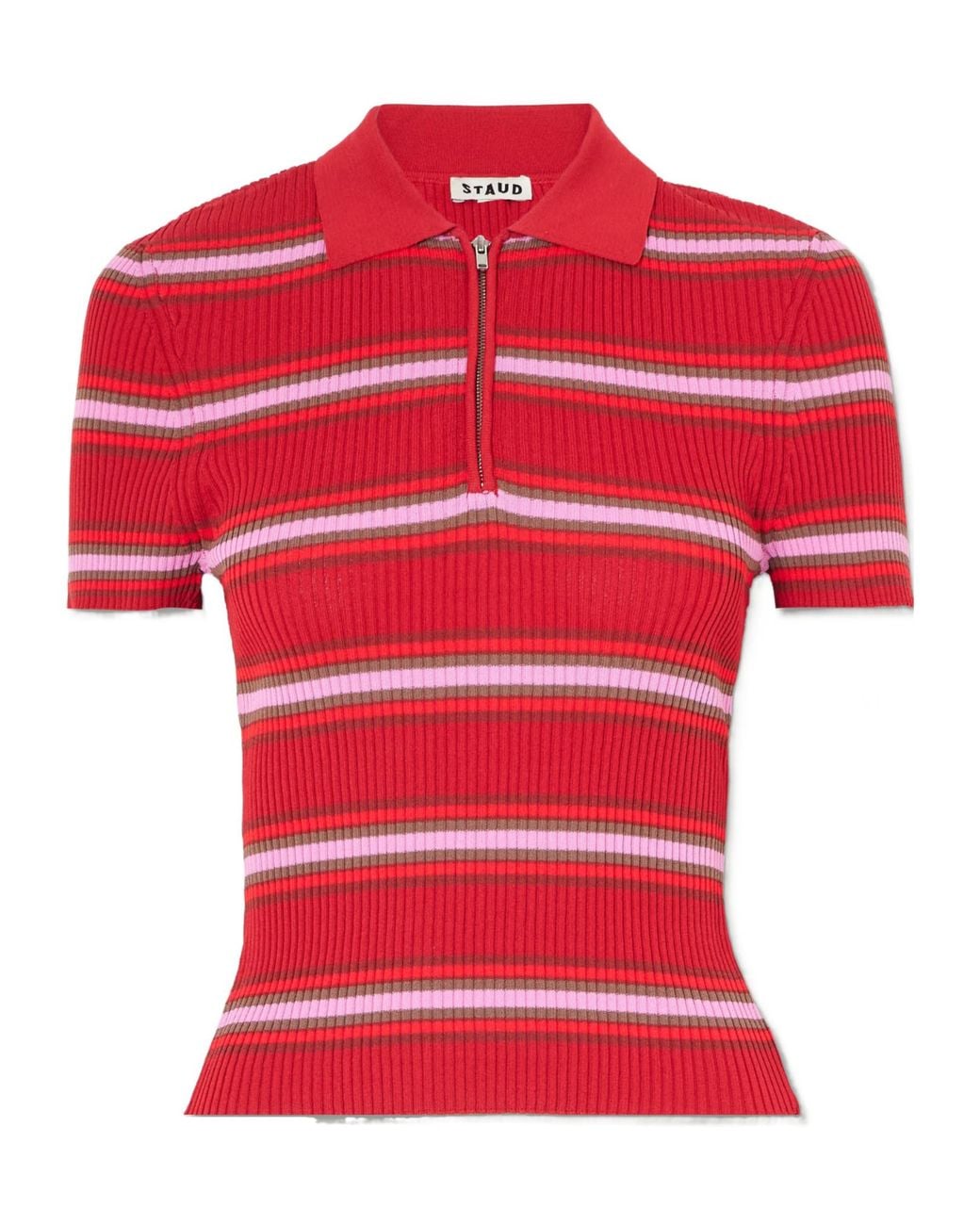 Staud Red Ren Striped Ribbed Knit Polo Shirt