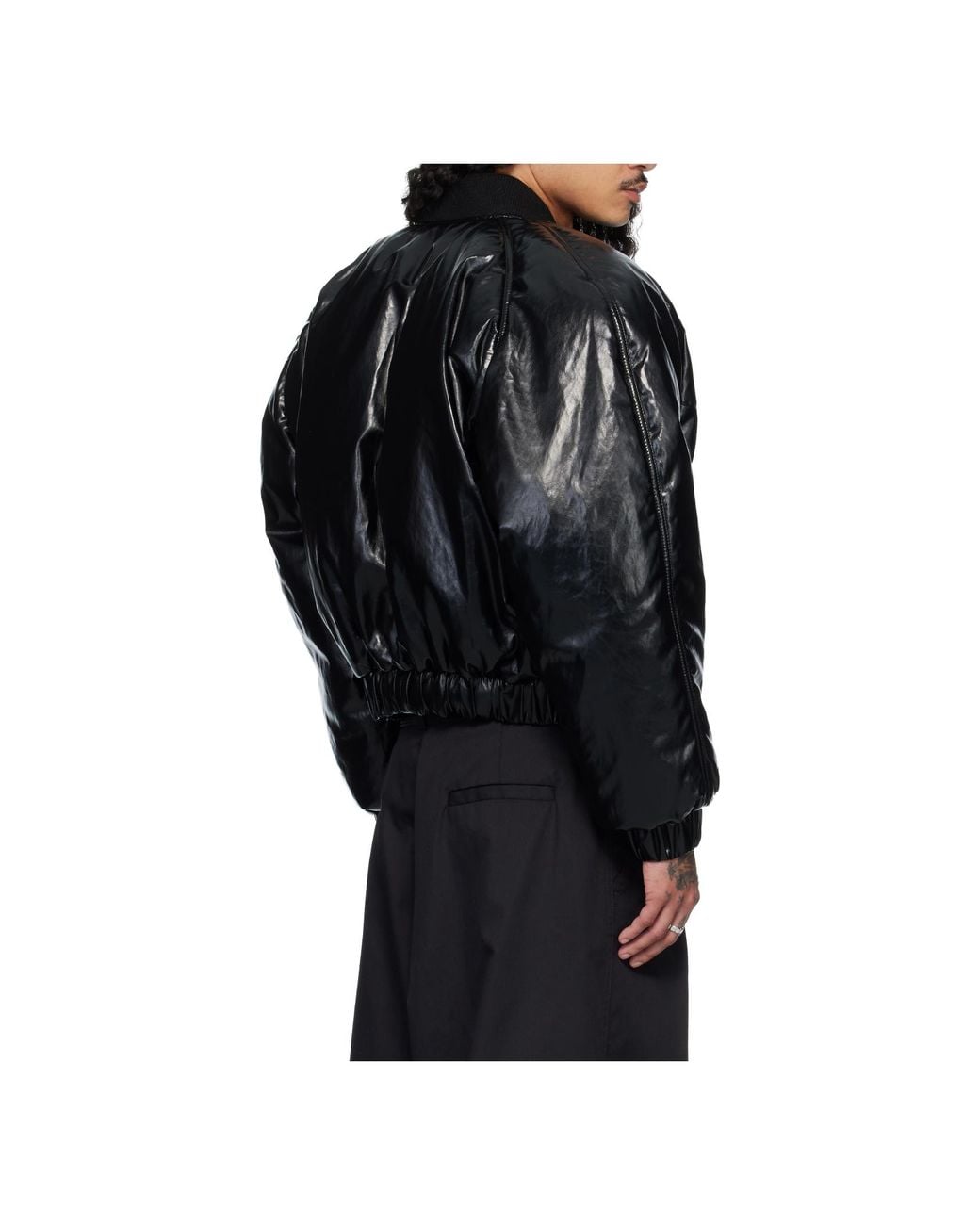 Lu'u Dan Black Long-Sleeved Faux Leather Bomber Jacket for men
