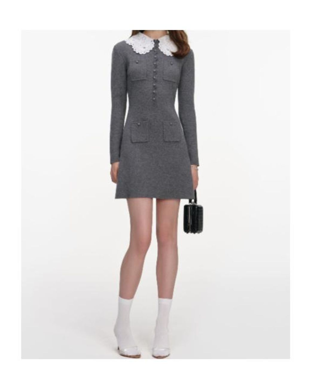 Self-Portrait Gray Contrast Collar Knitted Dress