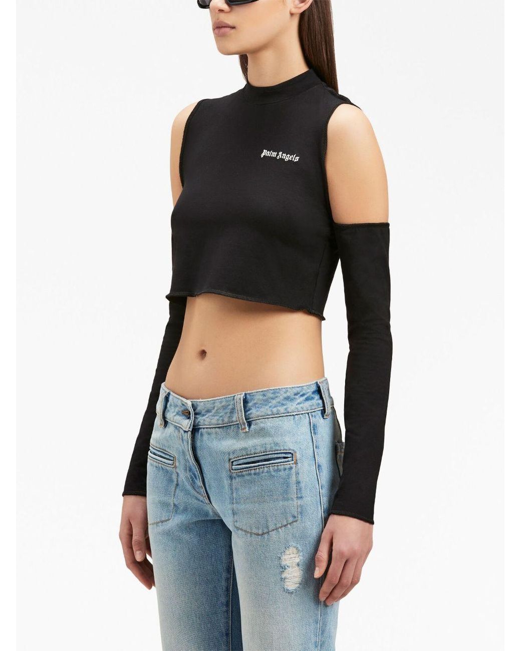 Palm Angels Black Logo Embroidered Cut-Out Detailed Top