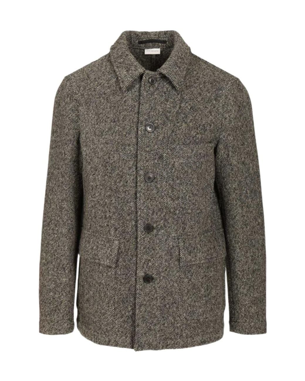 Dries Van Noten Gray Tweed Herringbone Patterned Coat for men