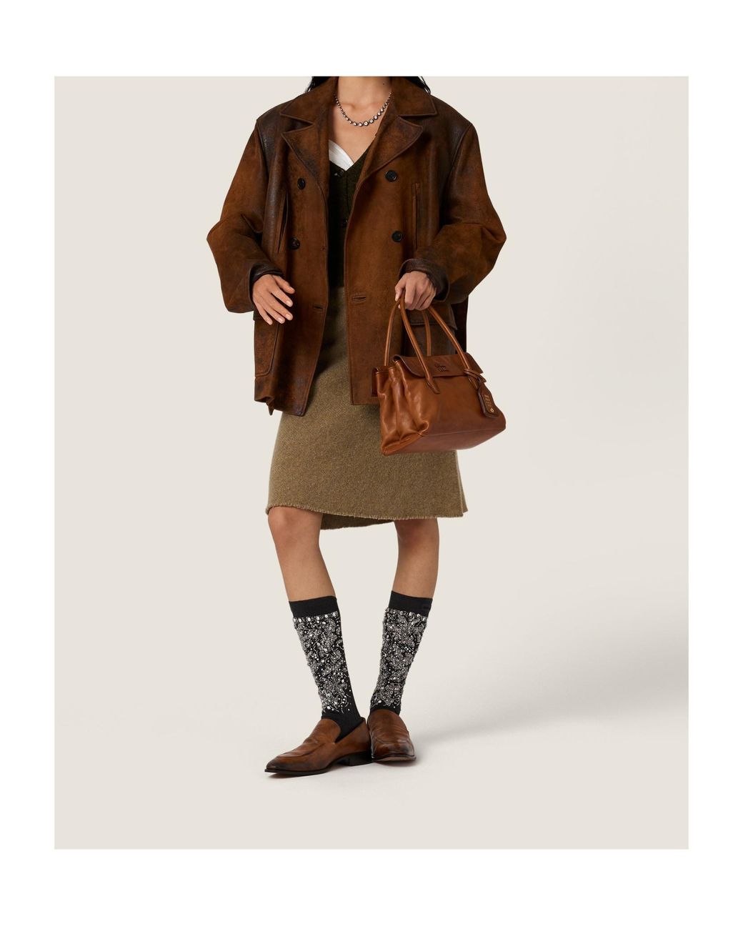 Miu Miu Brown Double-Breasted Waxed Suede Caban Jacket