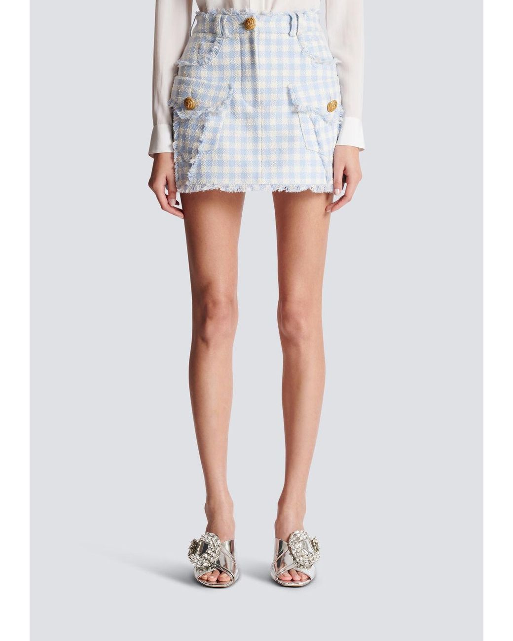Balmain White Gingham Tweed A-Line Skirt