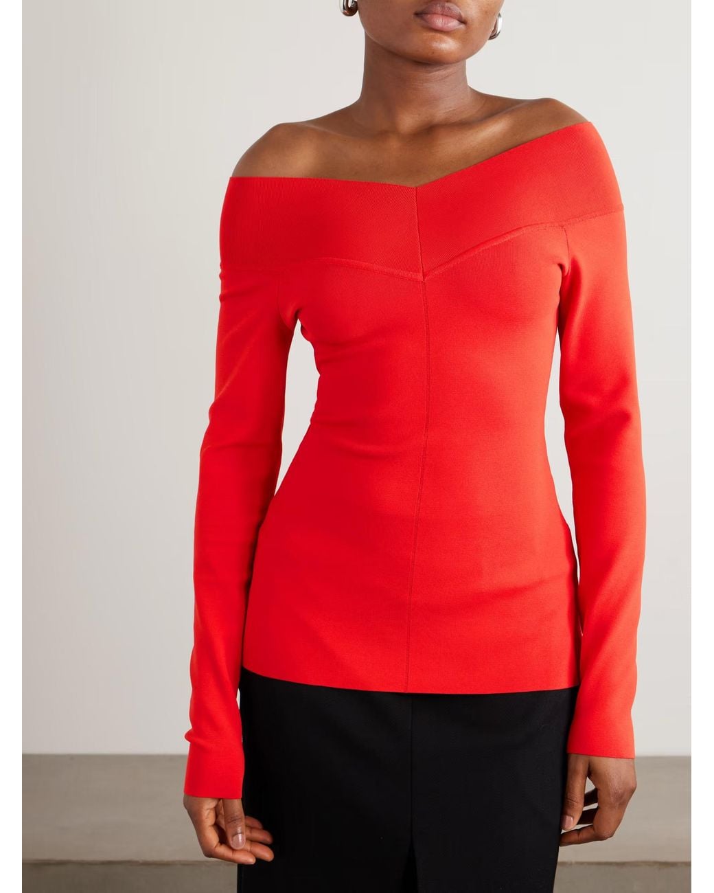 Stella McCartney Red Bardot Off-Shoulder Patchwork Top