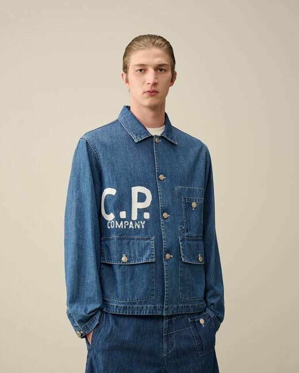 C P Company Blue Long-Sleeved Denim Coat for men