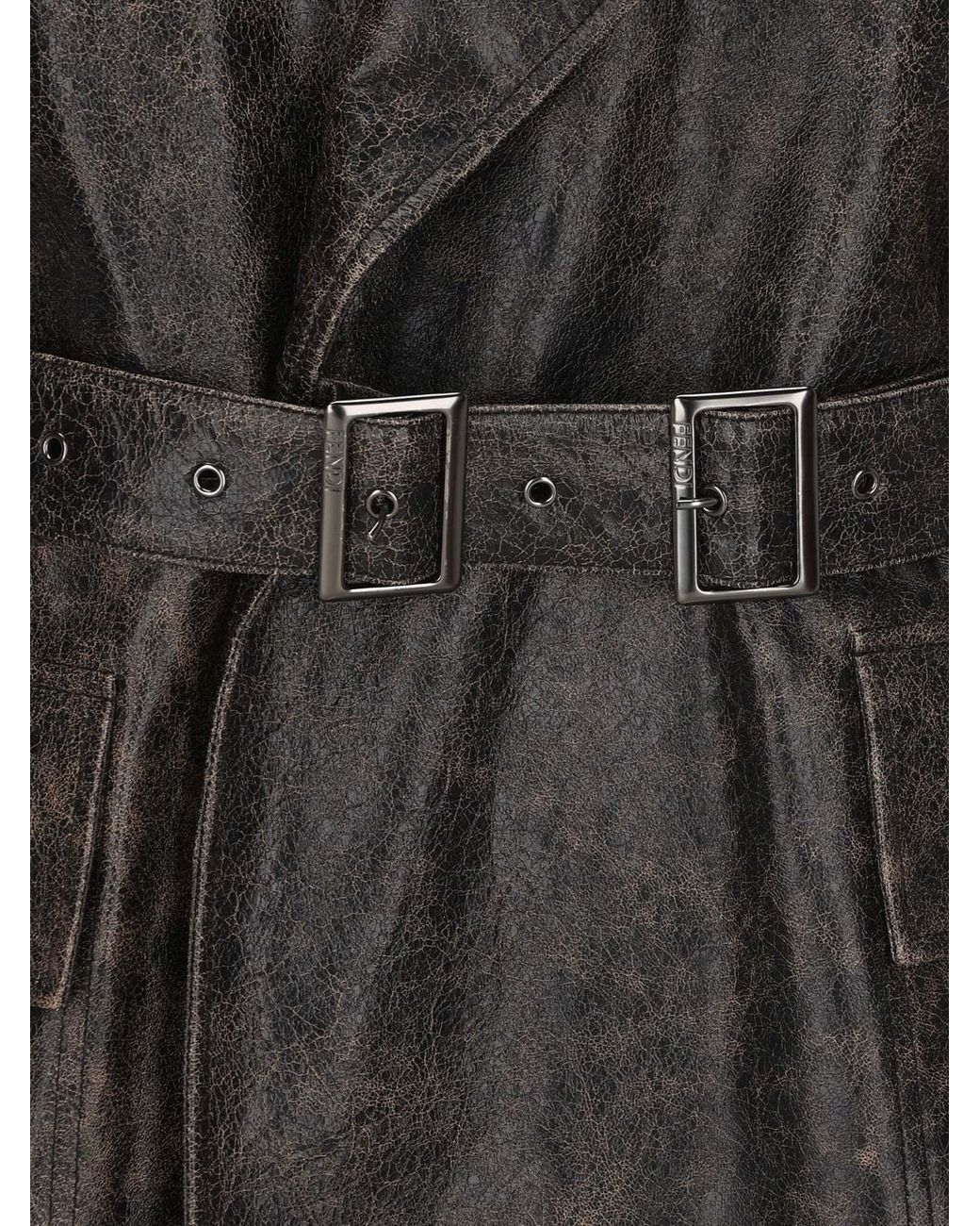 Fendi Gray Crackled Belted Leather Trench Coat for men