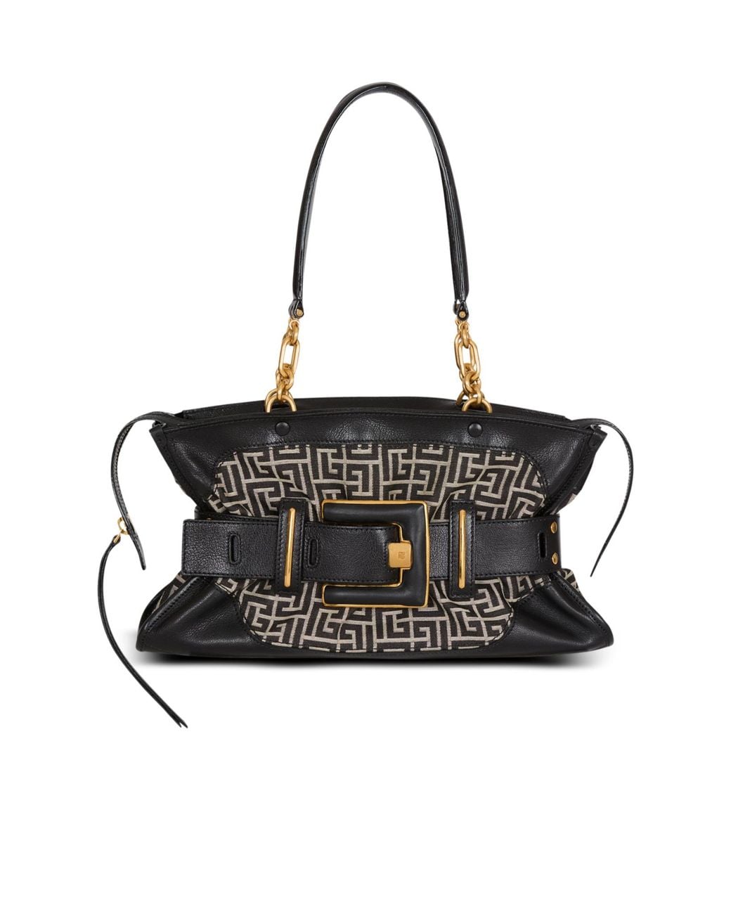 Balmain Black Leather And Monogram Jacquard Anthem Bag