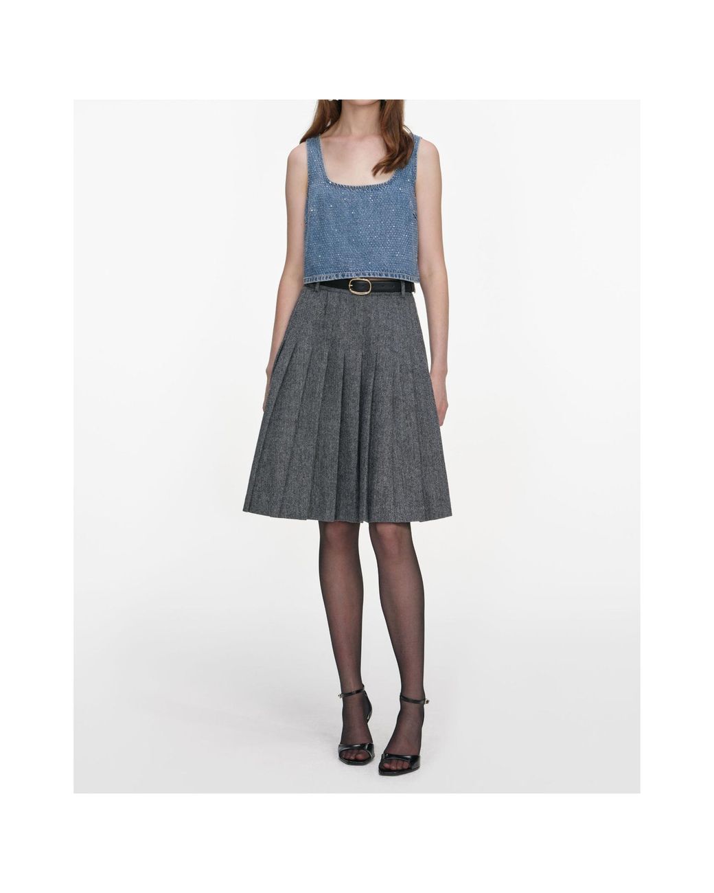 Self-Portrait Gray Herringbone Pleated Midi Skirt