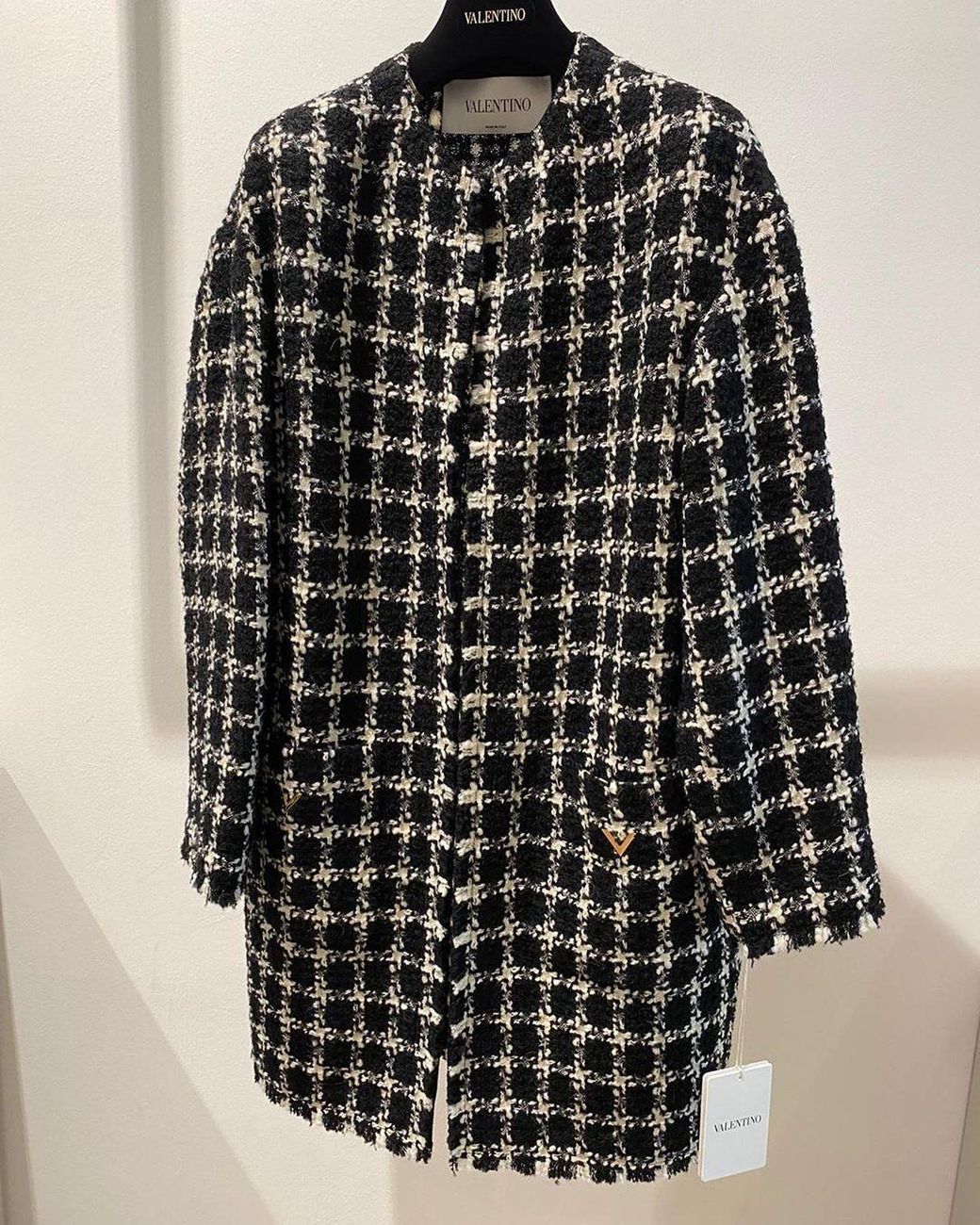 Valentino Black Tweed Checkered Vgold Coat