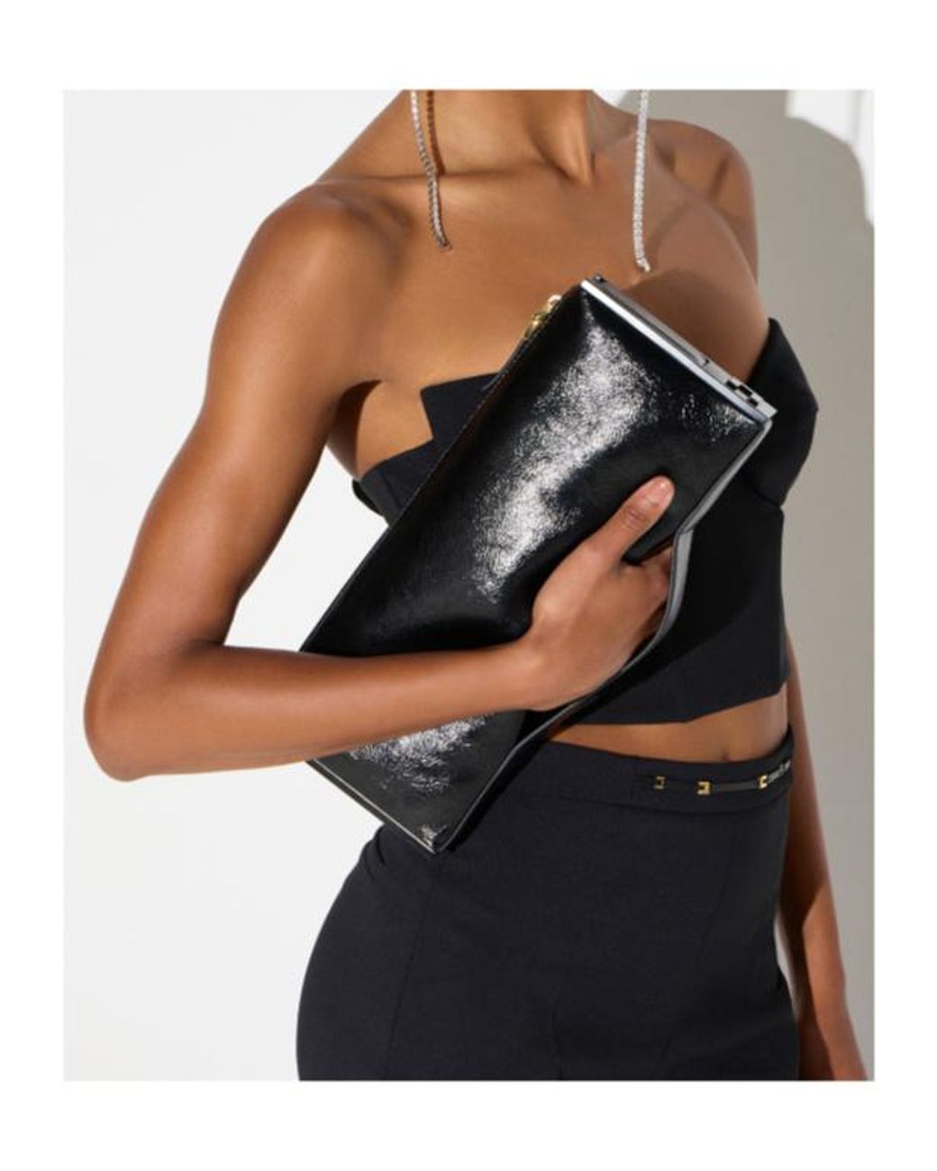Elisabetta Franchi Black Patent-Effect Clutch Bag