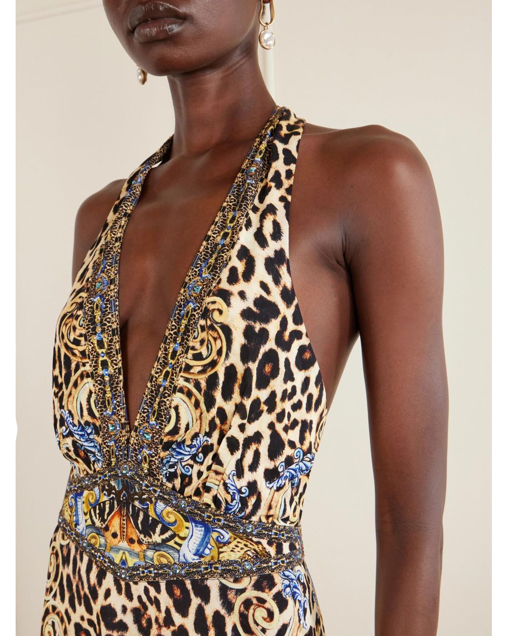 Camilla Metallic Tiered Crystal-Embellished Printed Jersey Maxi Dress