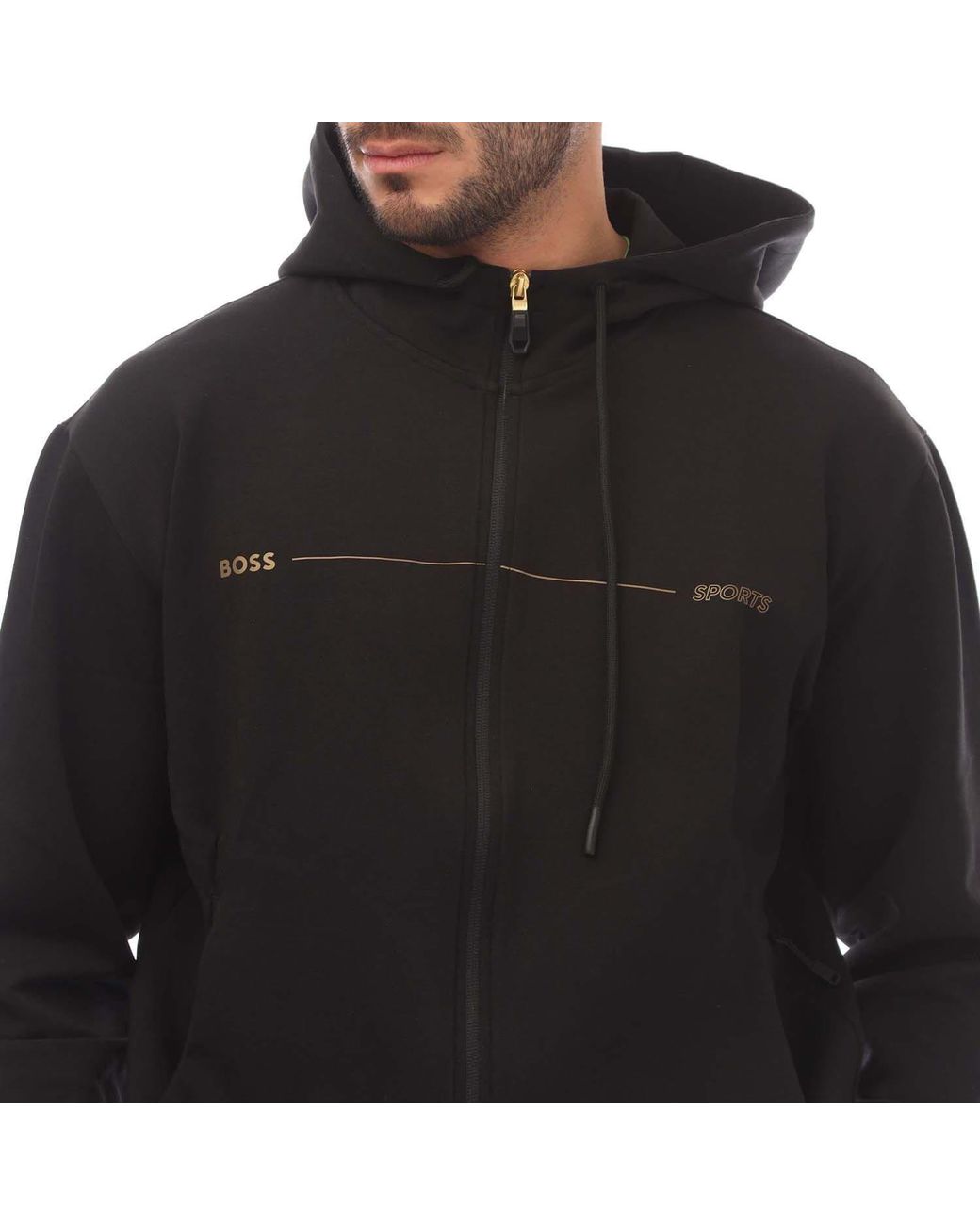 Boss Black Printed Artwork Zip-Up Hoodie for men