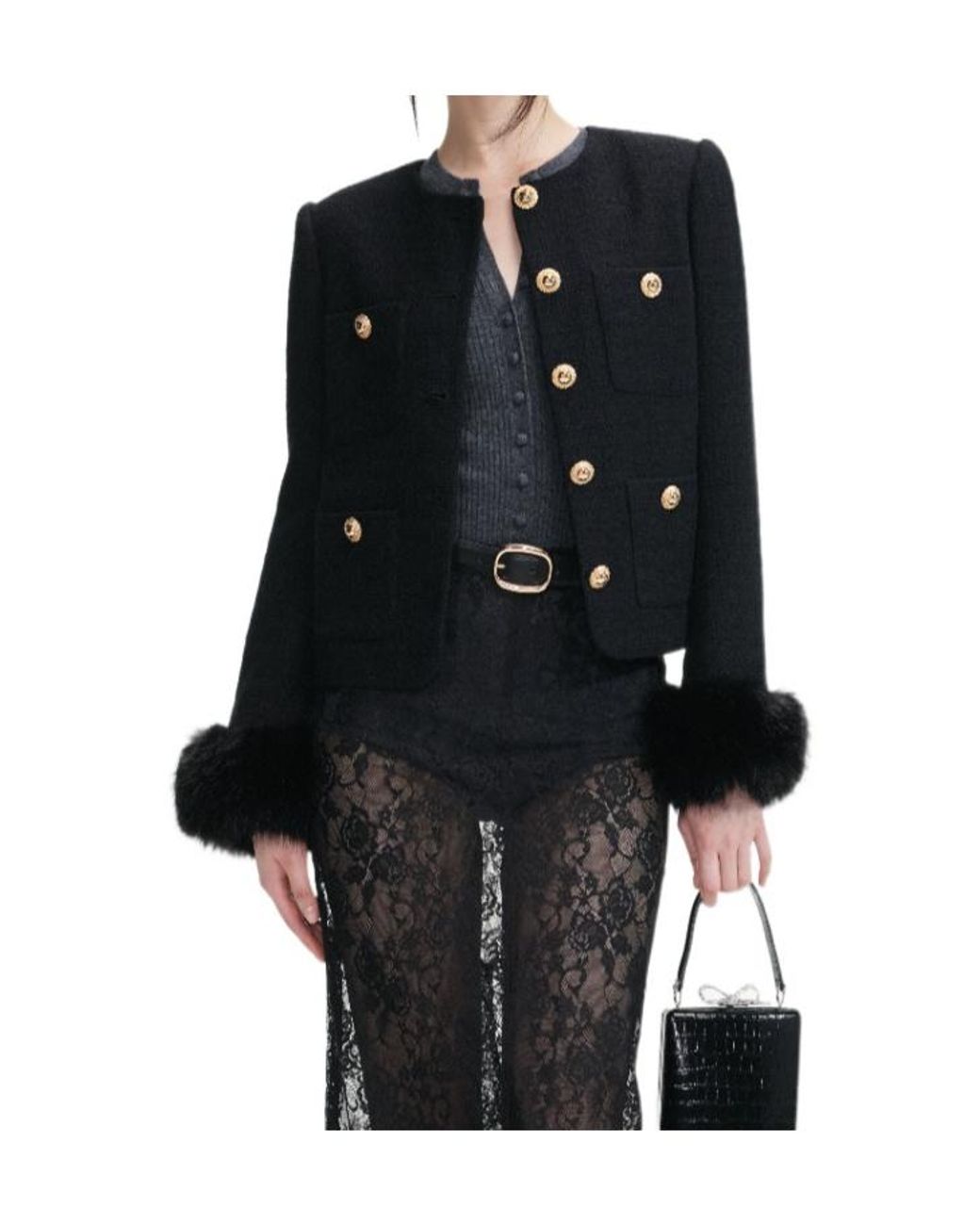 Self-Portrait Black Boucle Fur Cuff Jacket