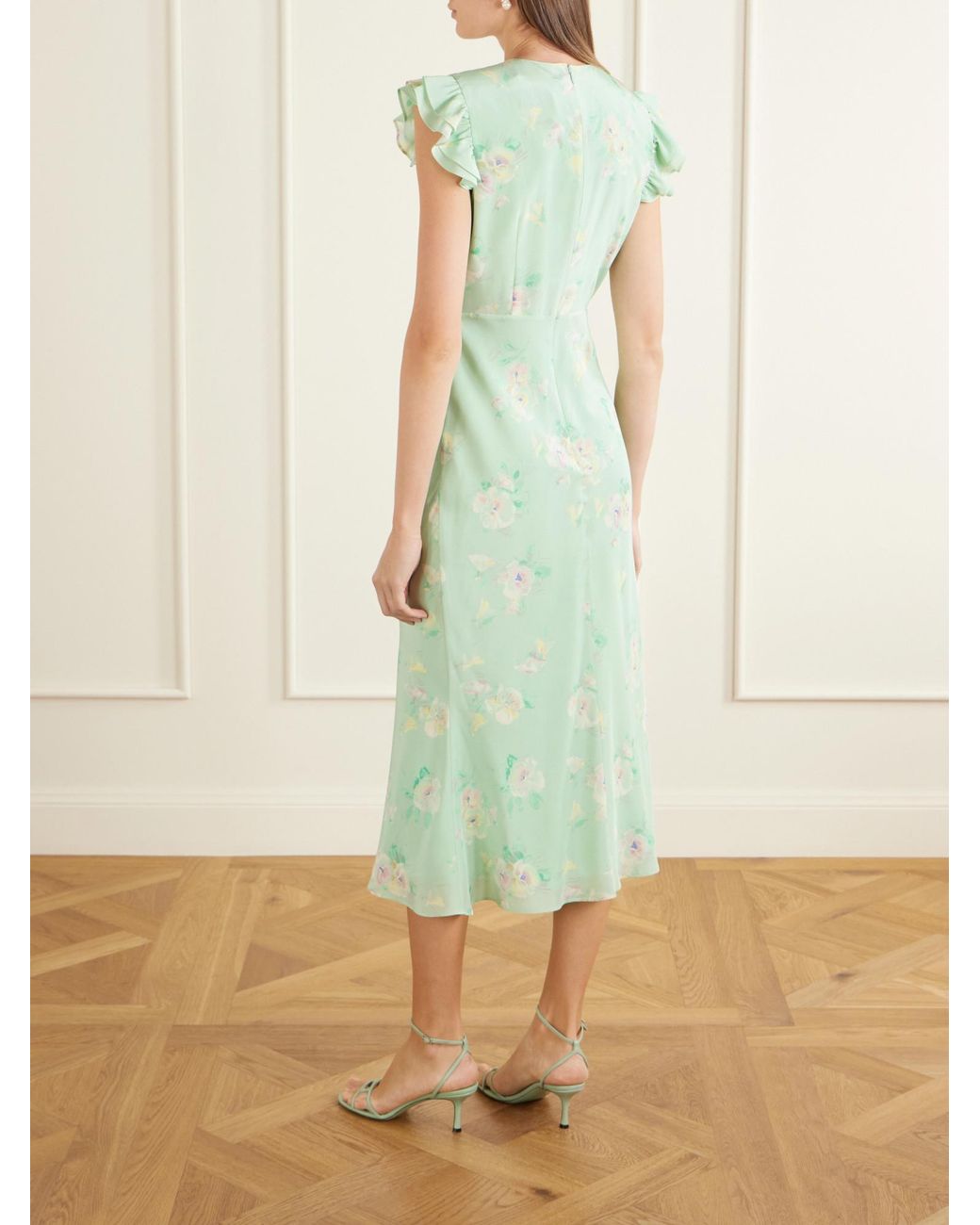 Alessandra Rich Green Ruffle-Trim Silk Midi Dress
