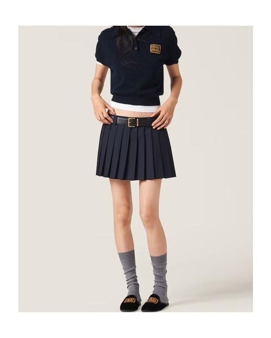 Miu Miu Blue Logo-Patch Pleated Mini Skirt