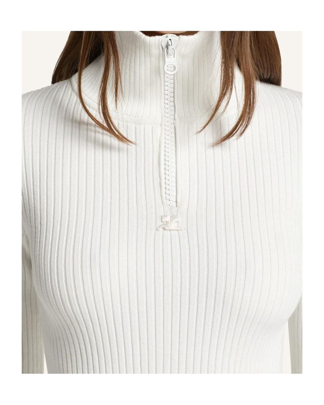 Courreges White Rib-Knit Zipped Sweater