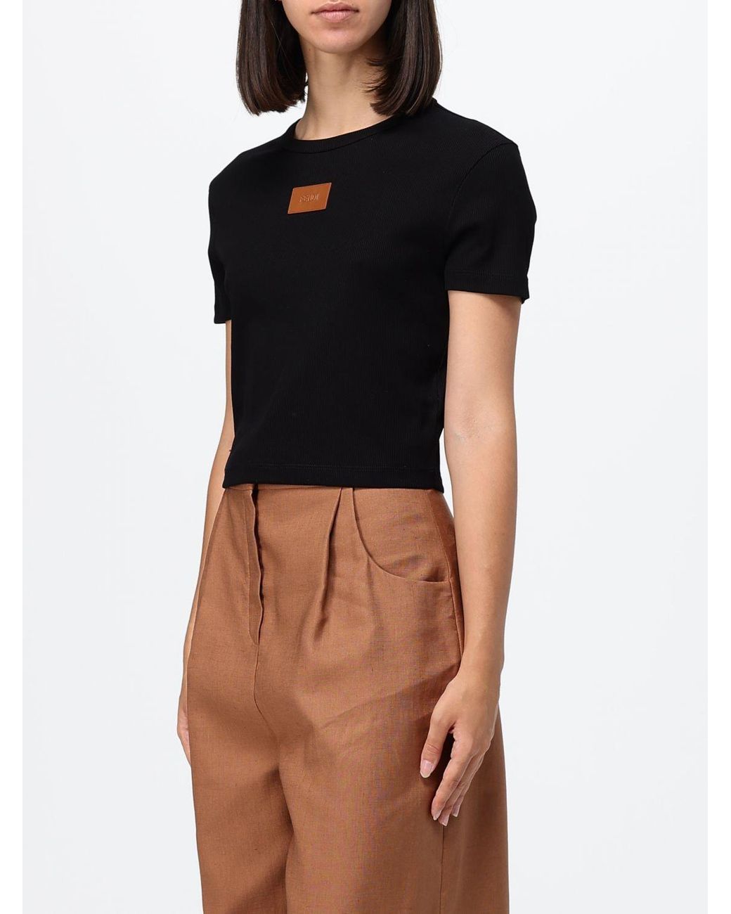Fendi Black Cropped Ribbed Logo-Patch T-Shirt