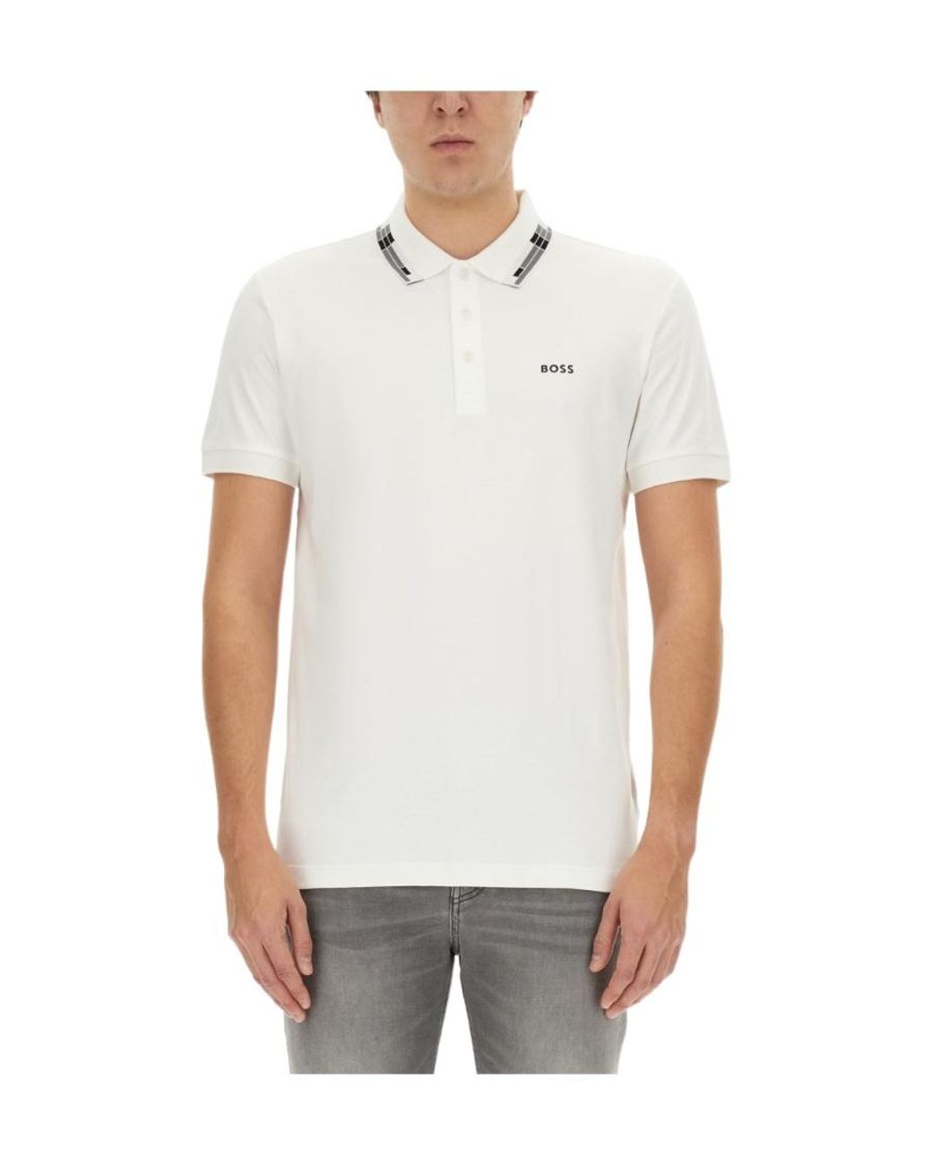 Boss White Logo-Print Polo Shirt for men