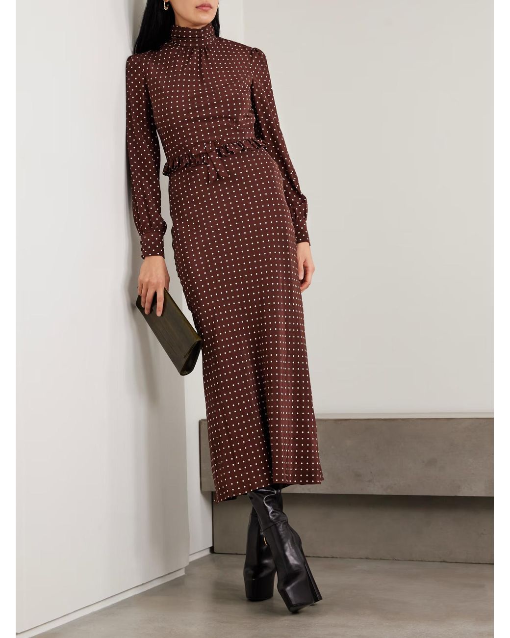 Alessandra Rich Red Polka Dot Print High-Neck Midi Dress