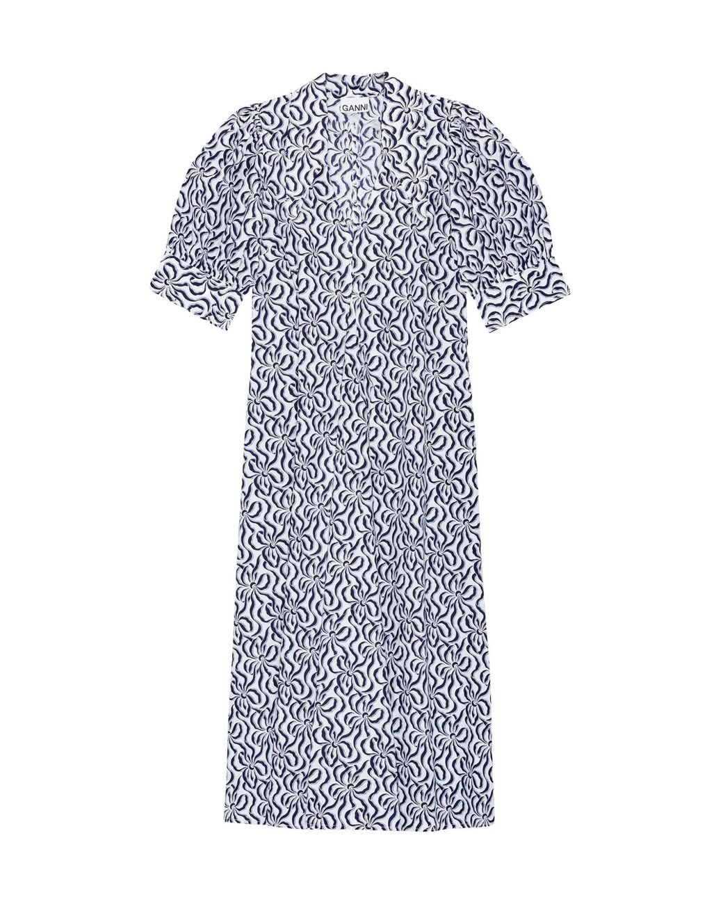 Ganni Blue Printed Cotton Poplin V-Neck Long Dress