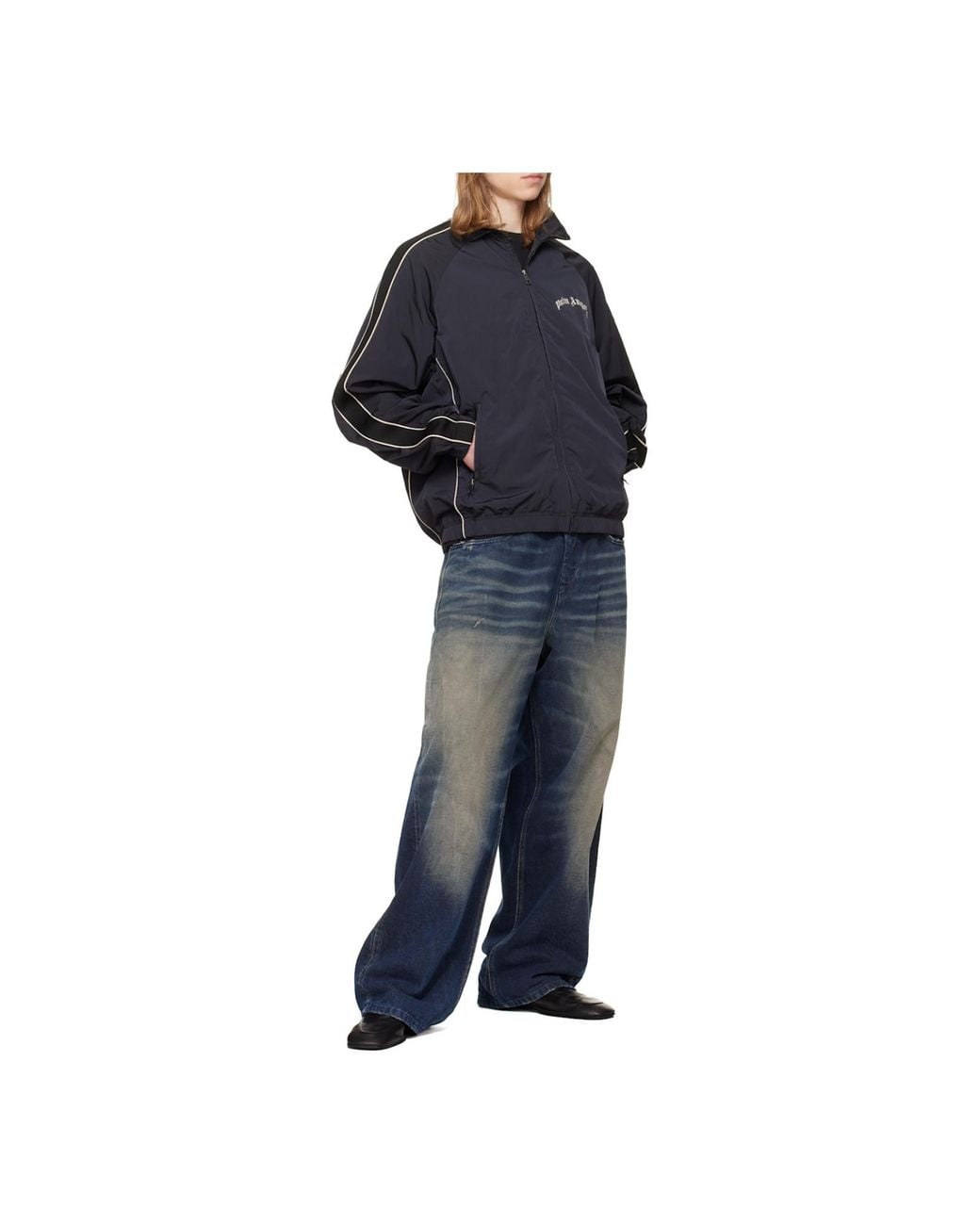 Palm Angels Black Curved Logo Vintage Track Windbreaker for men