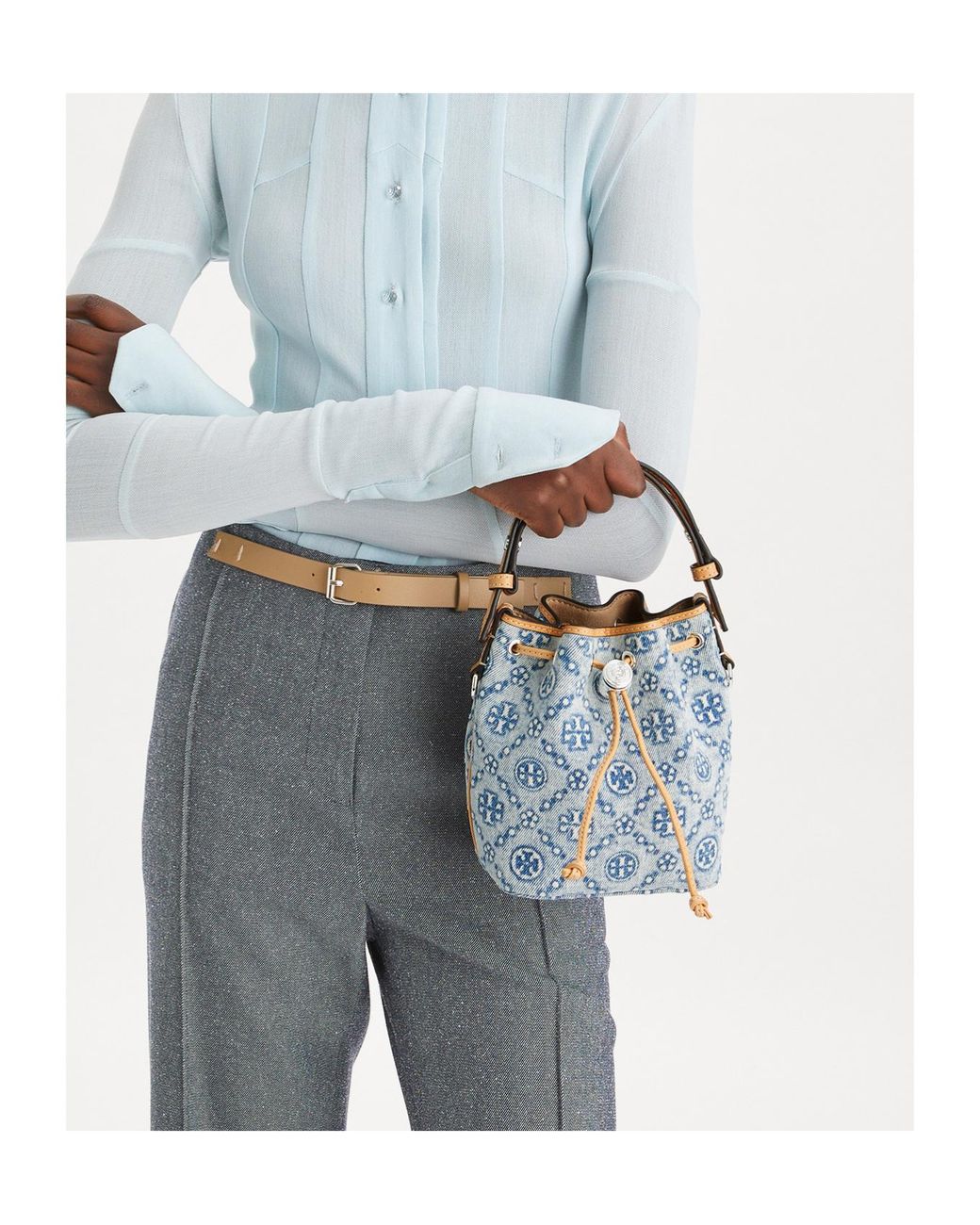 Tory Burch Blue T Monogram Drawstring Bucket Bag