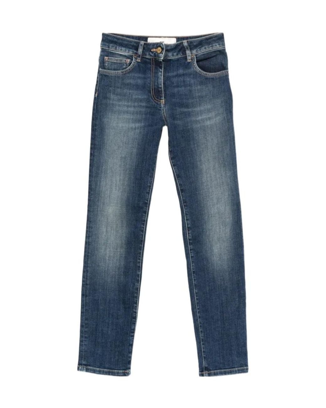 Elisabetta Franchi Blue Faded-Effect Embroidered Logo Jeans