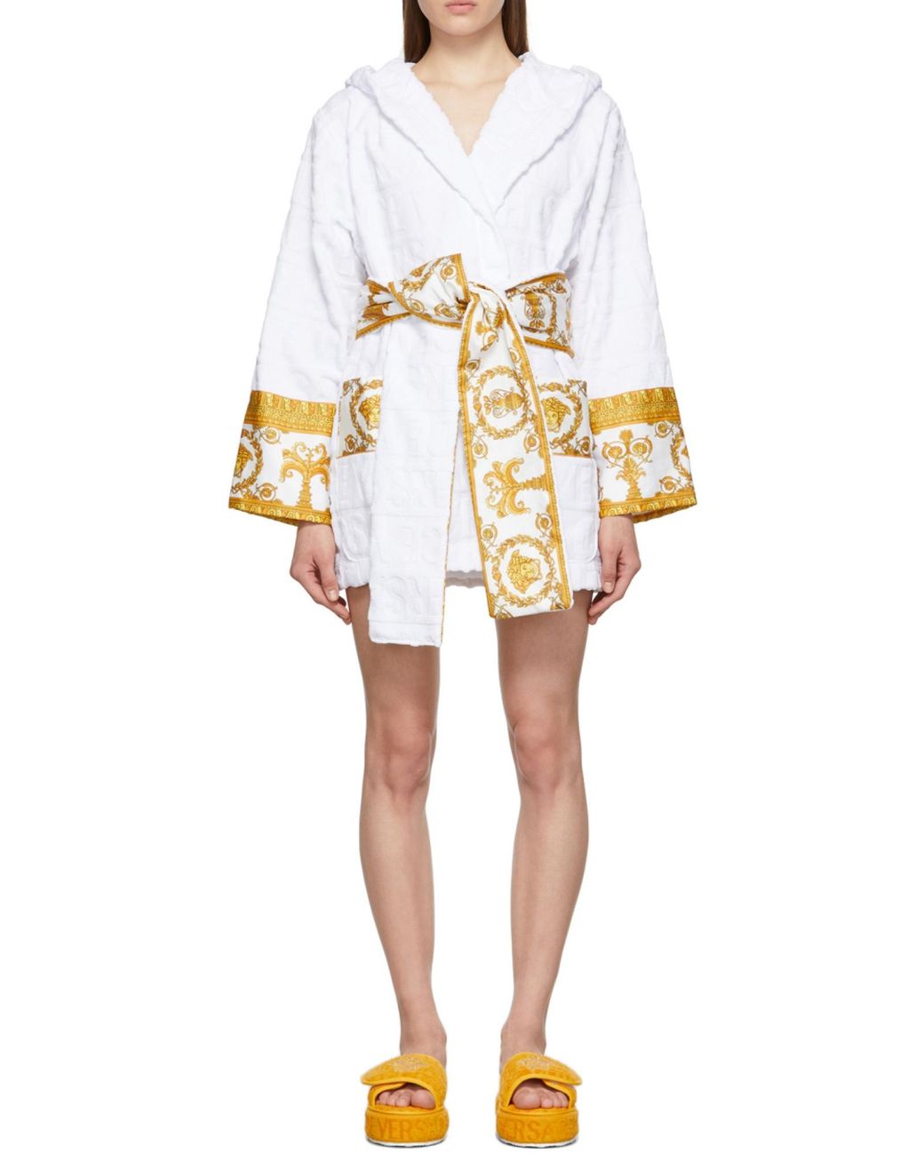 Versace White Baroque Printed Belted Waist Robe