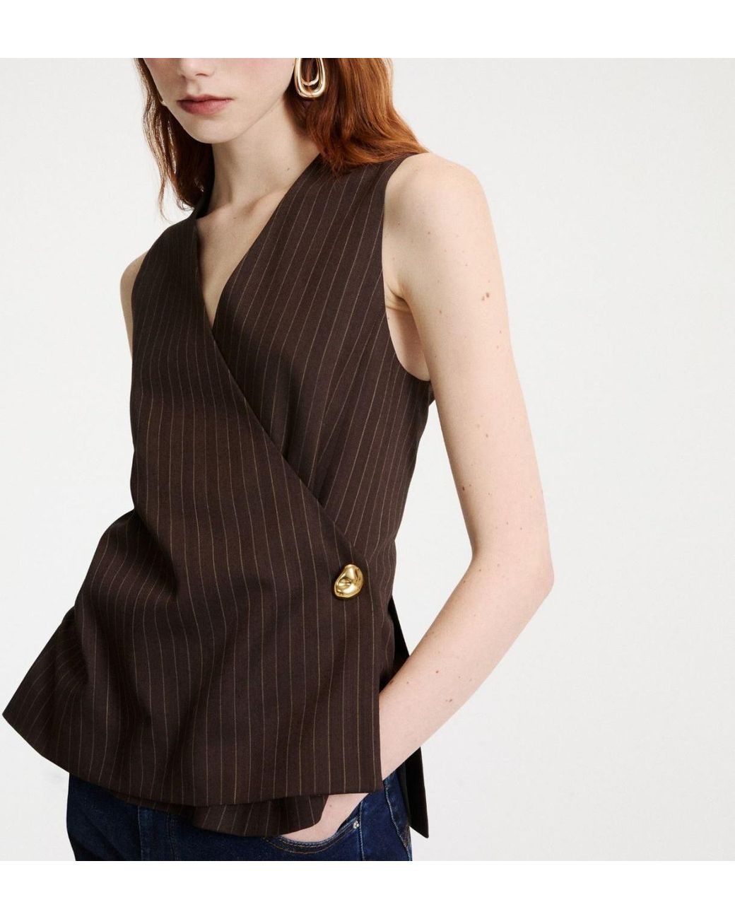 Marella Brown Ranghi Pinstripe Sleeveless Blazer