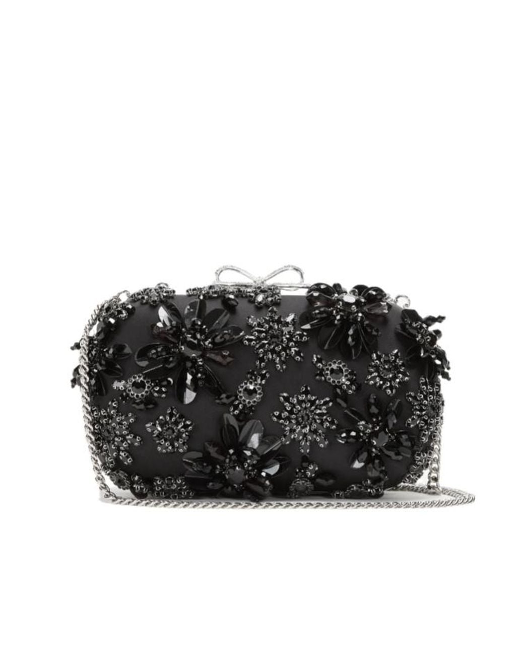 Self-Portrait Black Satin Floral Crystal Clutch Bag