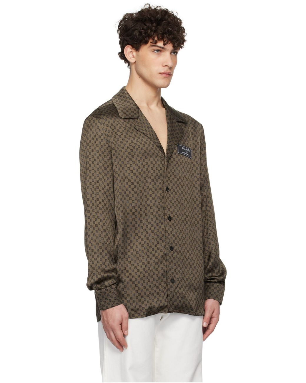 Balmain Monogram-Print Satin Shirt in Brown for Men | Lyst Balmain Monogram-Print Satin Shirt in Brown for Men | Lyst