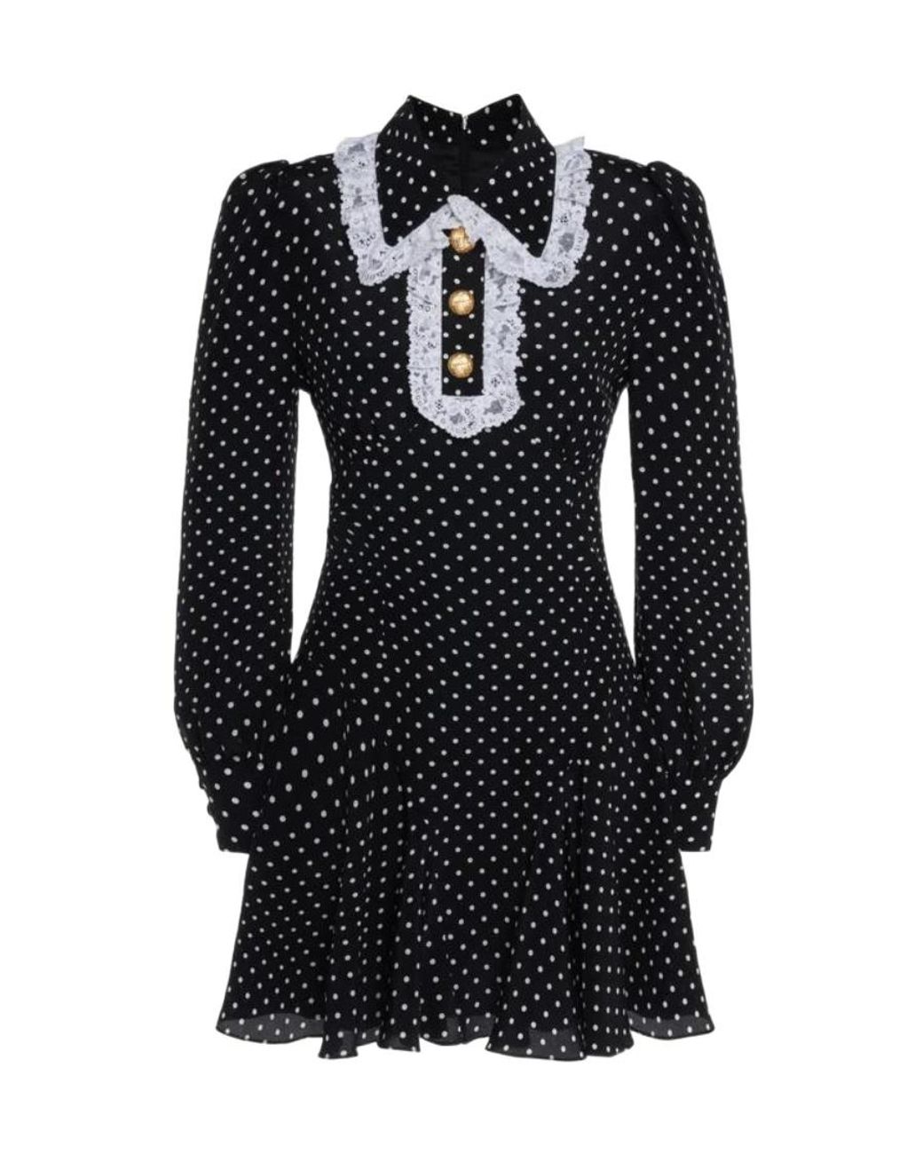 Alessandra Rich Black Lace-Trimmed Polka-Dot Mini Dress