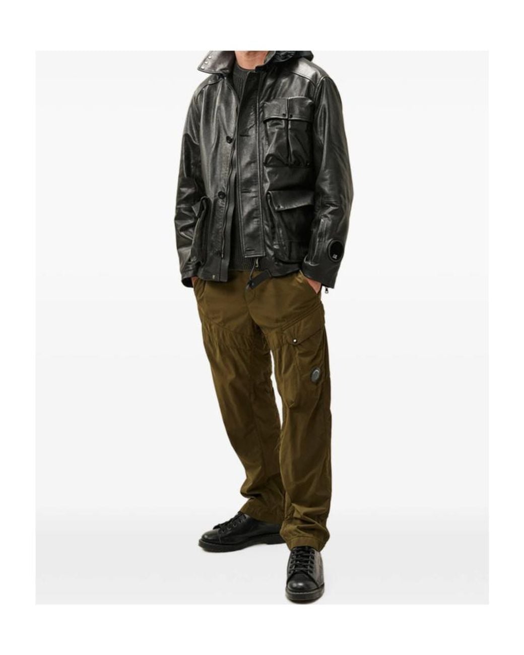 C P Company Black Long-Sleeved Leather Jacket for men