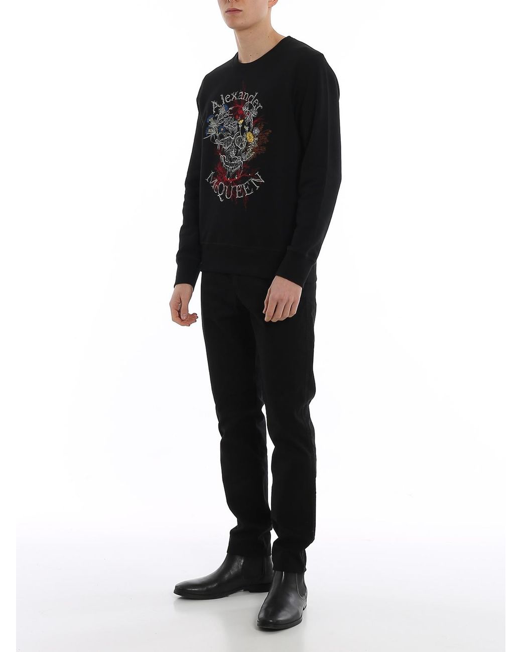 McQueen Black Round Collar Long Sleeve Sweater for men