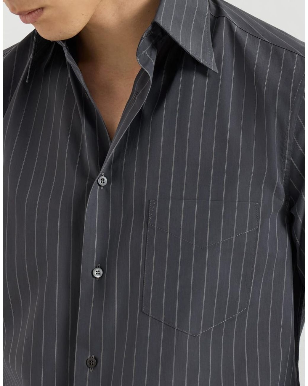 Brunello Cucinelli Blue Double Pinstripe Cotton Overshirt With Italian Collar And Chest Pocket for men