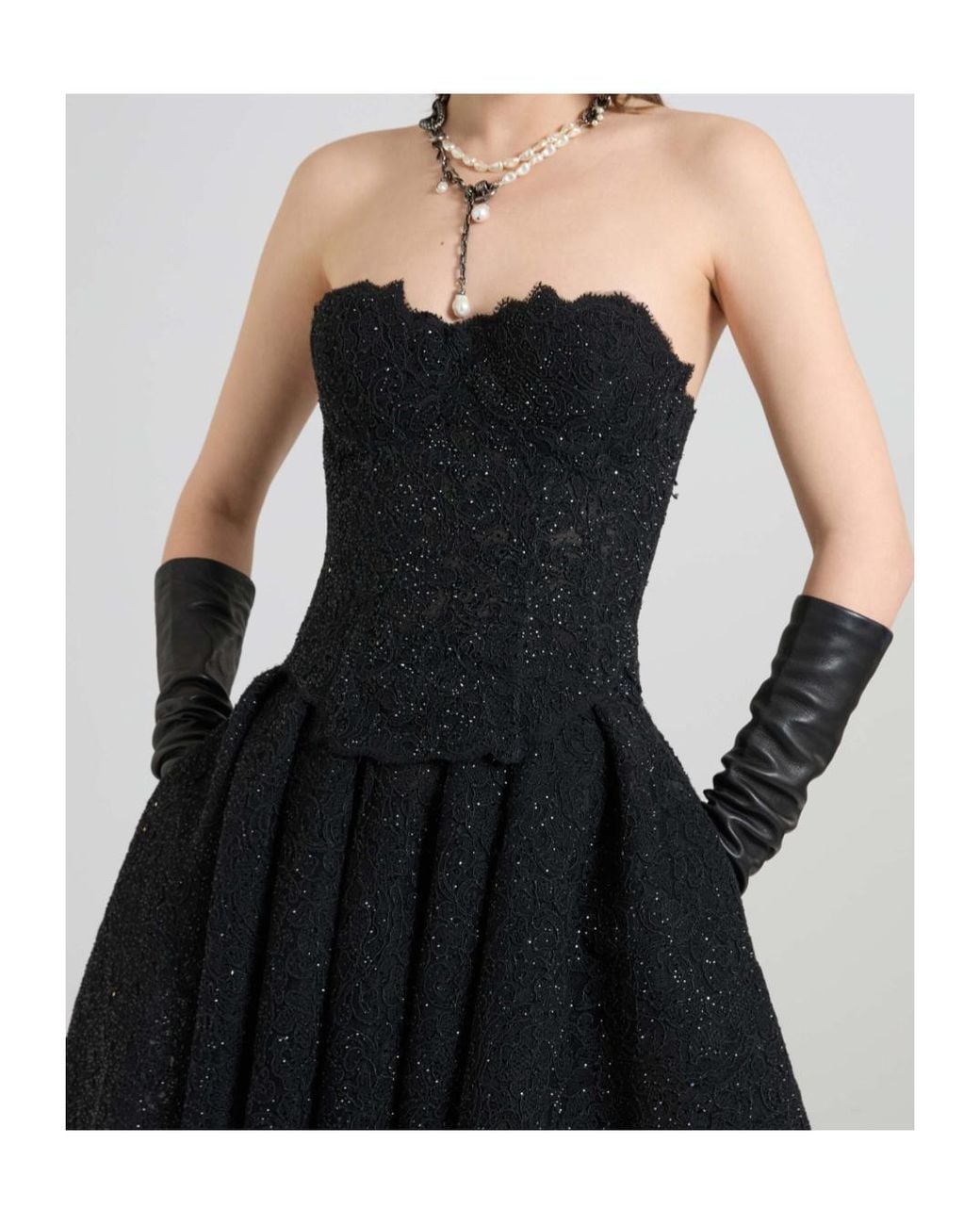 Ermanno Scervino Black Rebrode Lace Bustier With Tone-On-Tone Crystals And V-Shaped Hem
