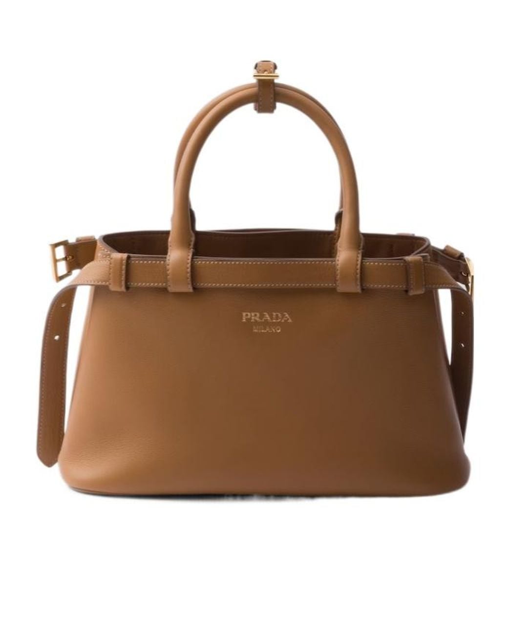 Prada Brown Buckle Small Leather Handbag With Double Belt