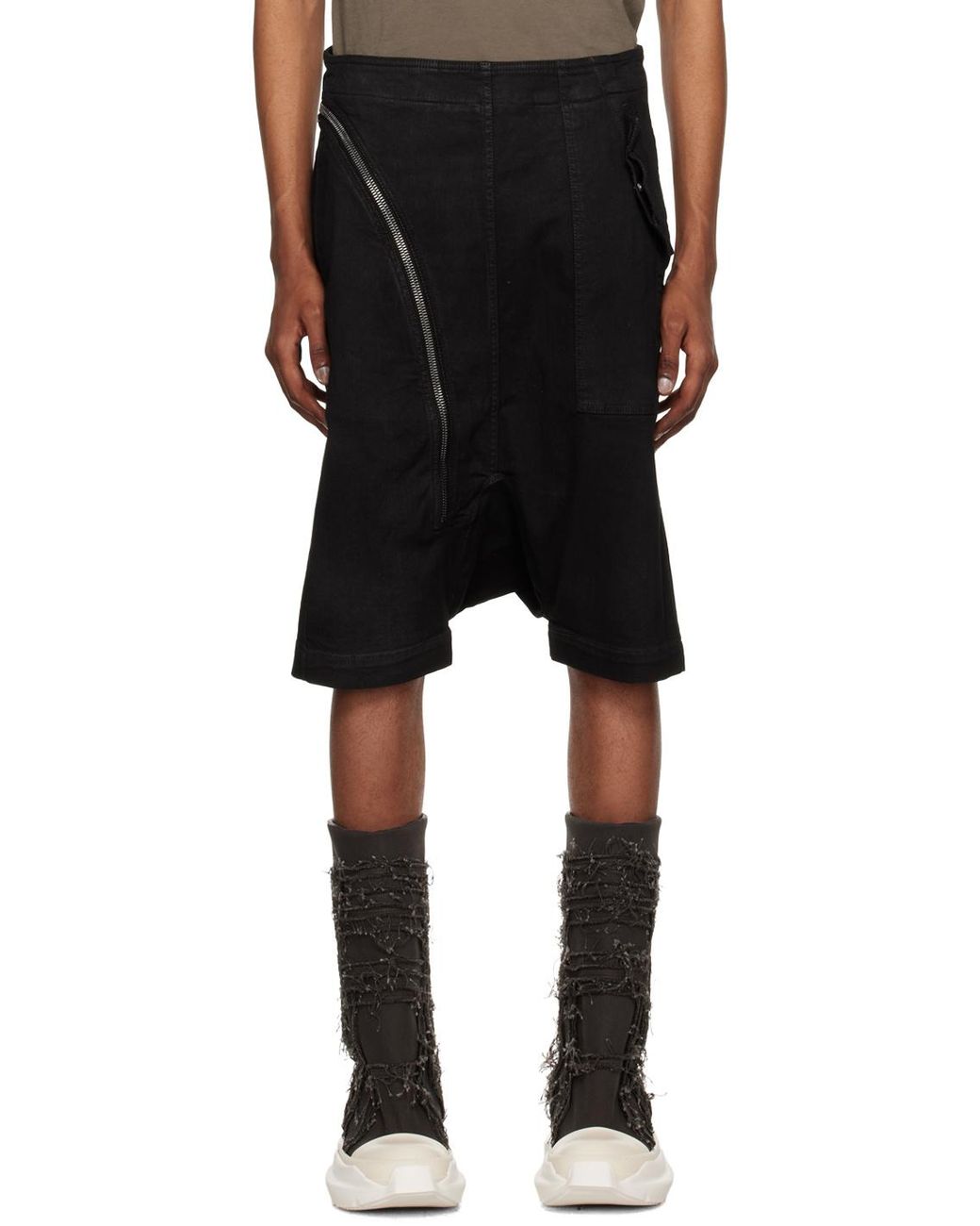 Rick Owens Black Old Made Diagonal Zipper Coated Denim Shorts for men