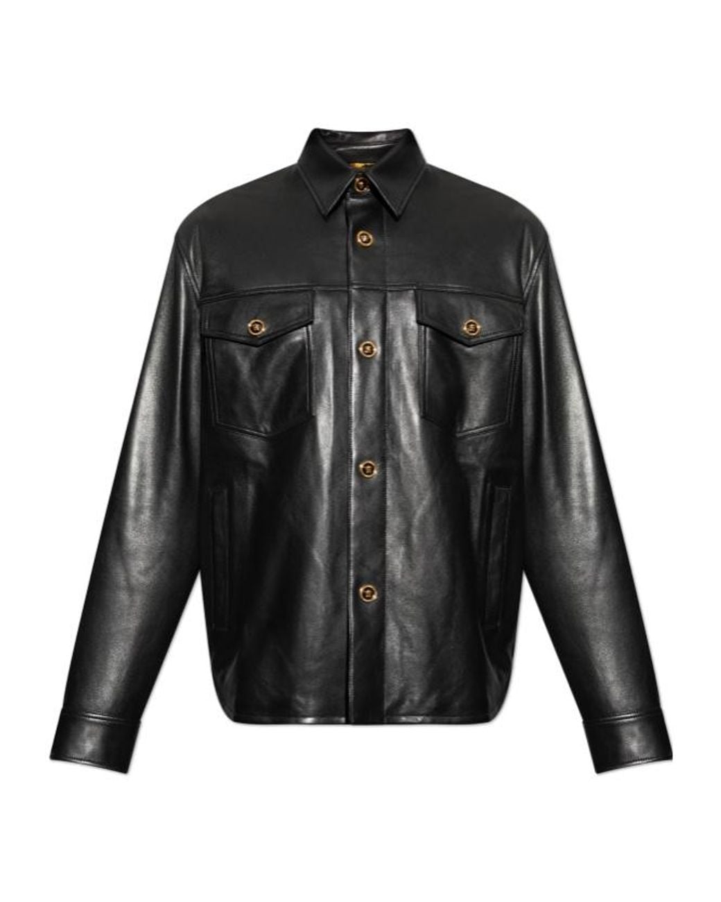 Versace Black Button-Up Leather Overshirt for men