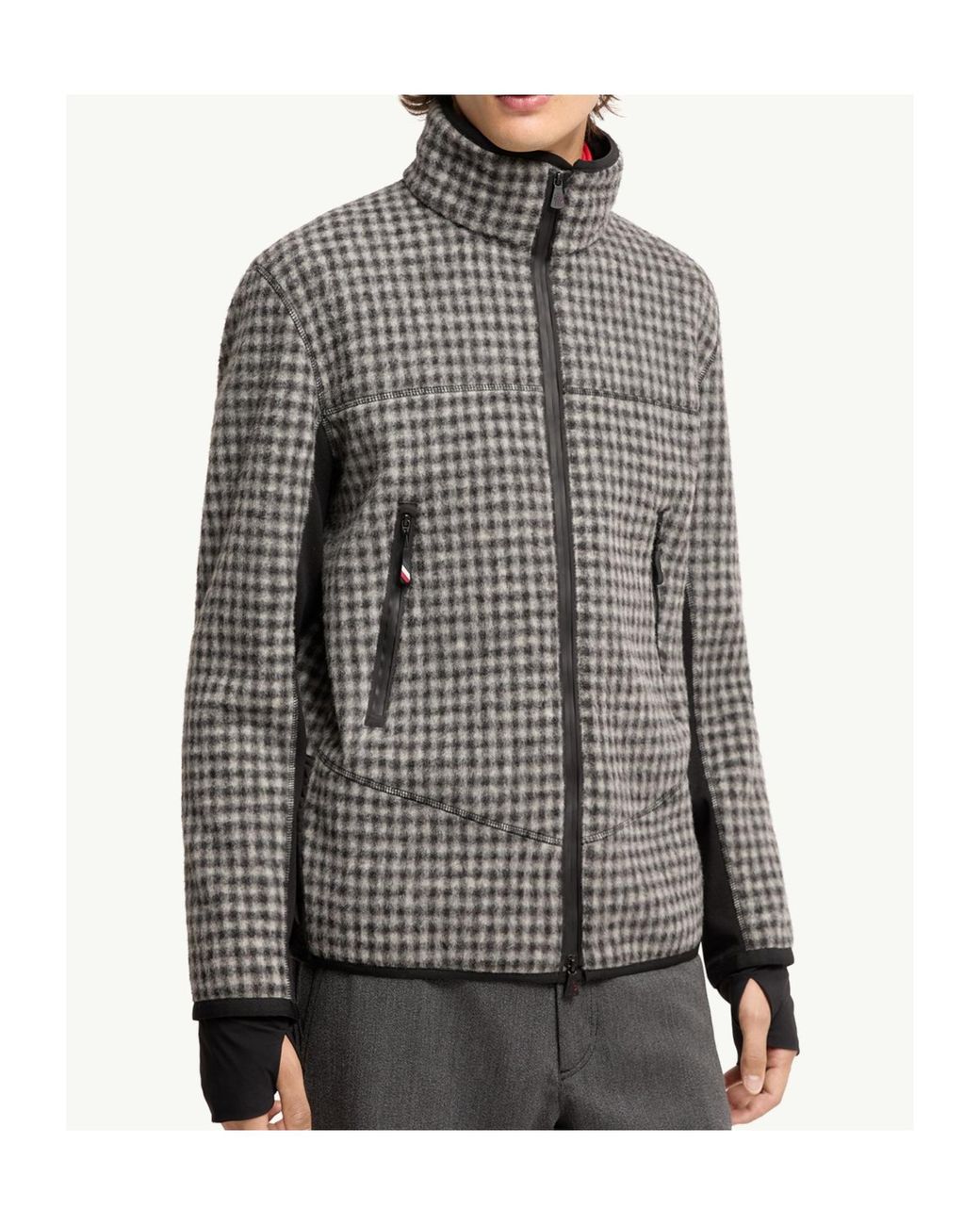 Moncler Gray Wool Blend Vichy Zip-Up Sweatshirt for men