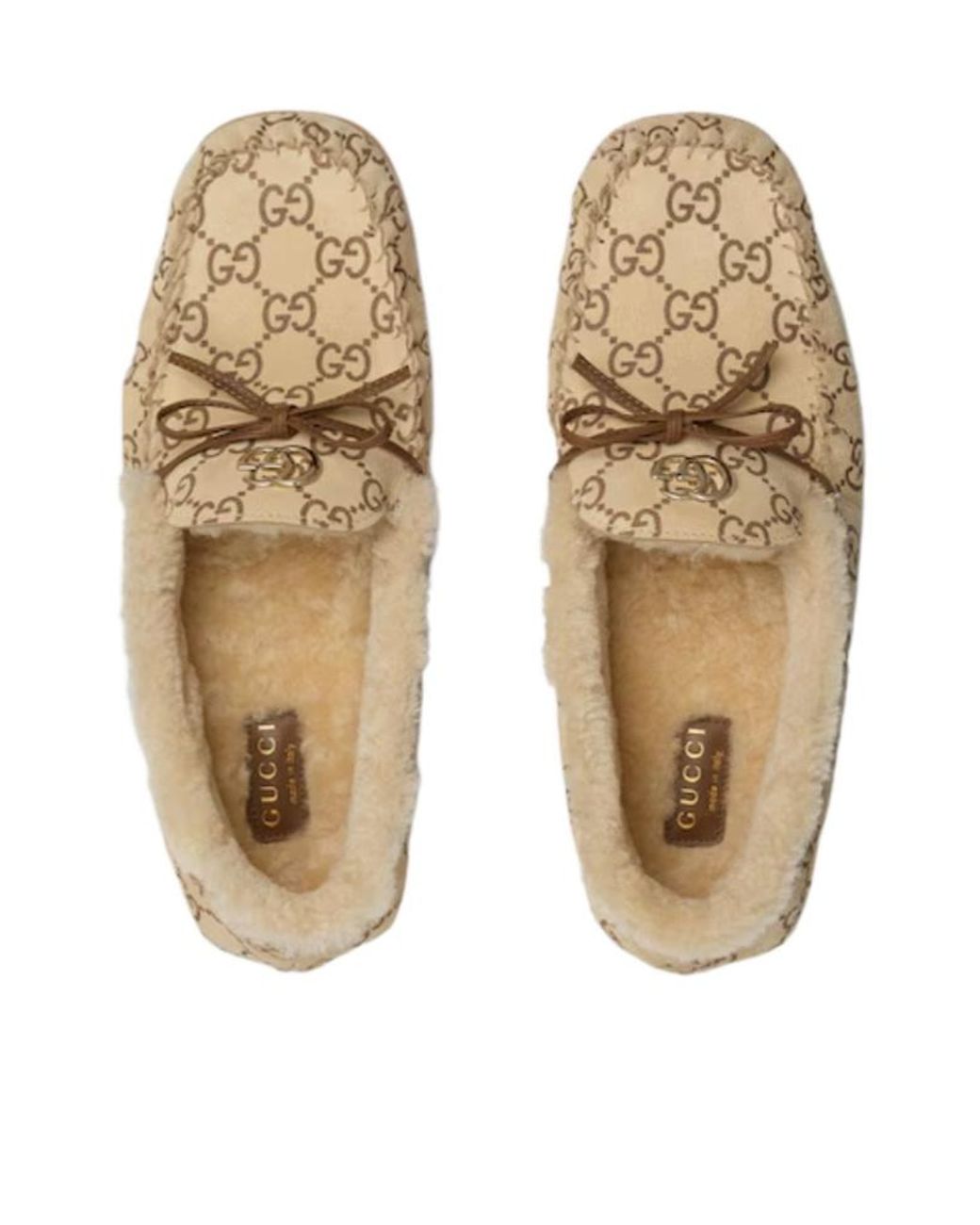 Gucci Natural Driver Loafer With Merino Wool Lining, Size 34 It