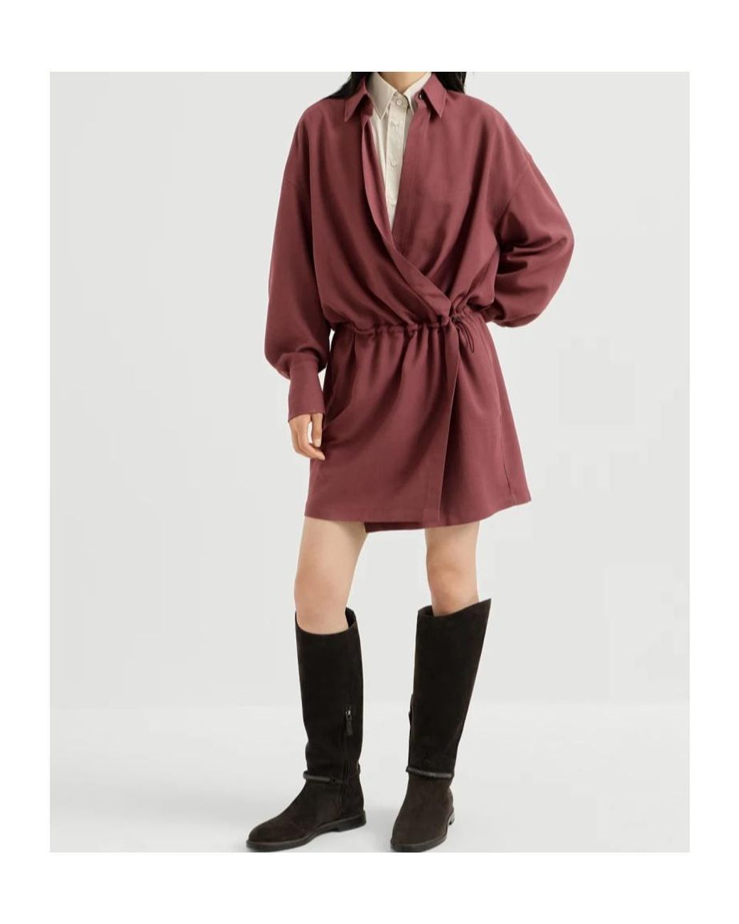 Brunello Cucinelli Red Virgin Wool Fluid Twill Shirt Dress With Monili