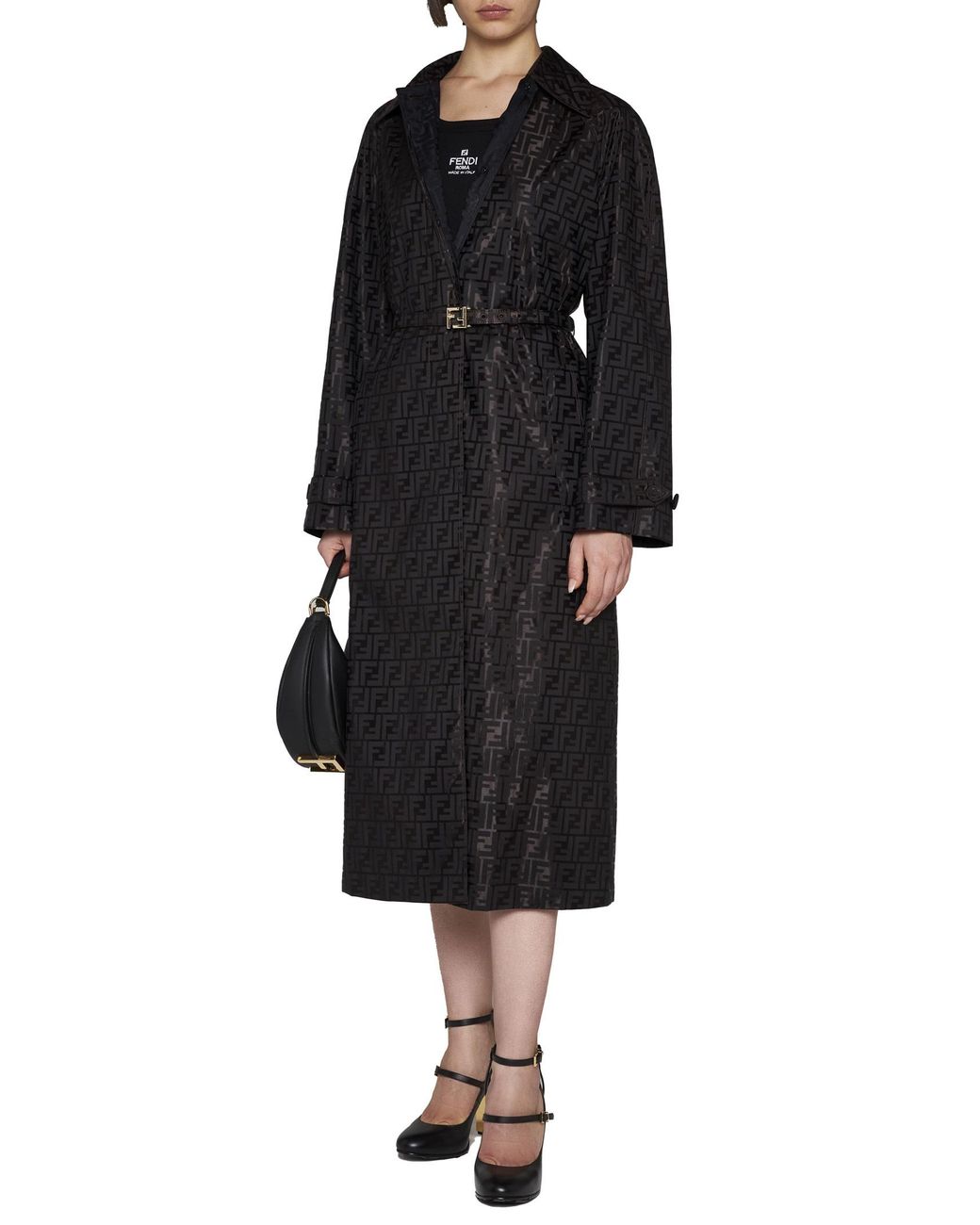Fendi Black Ff Jacquard Belted Coat