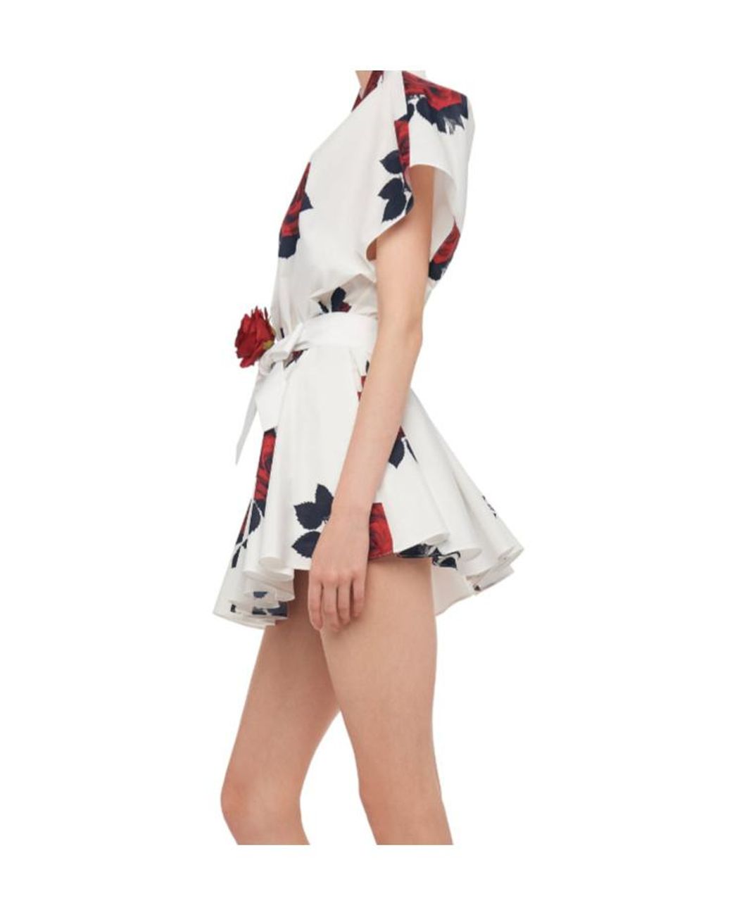 Norma Kamali Red Pleated Floral-Print Satin Mini Wrap Dress
