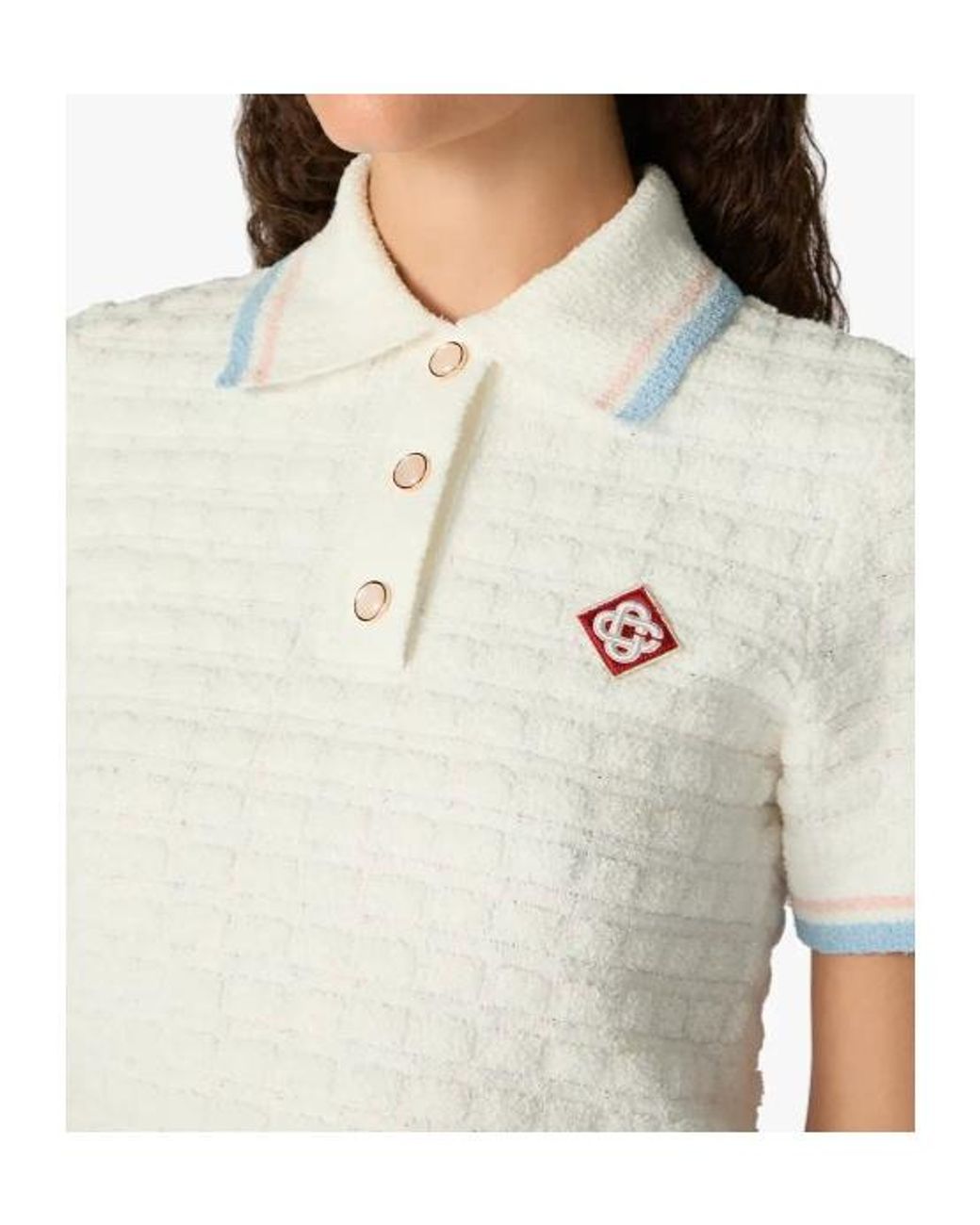 Casablanca White Textured Bouclé Logo Patch Polo Top