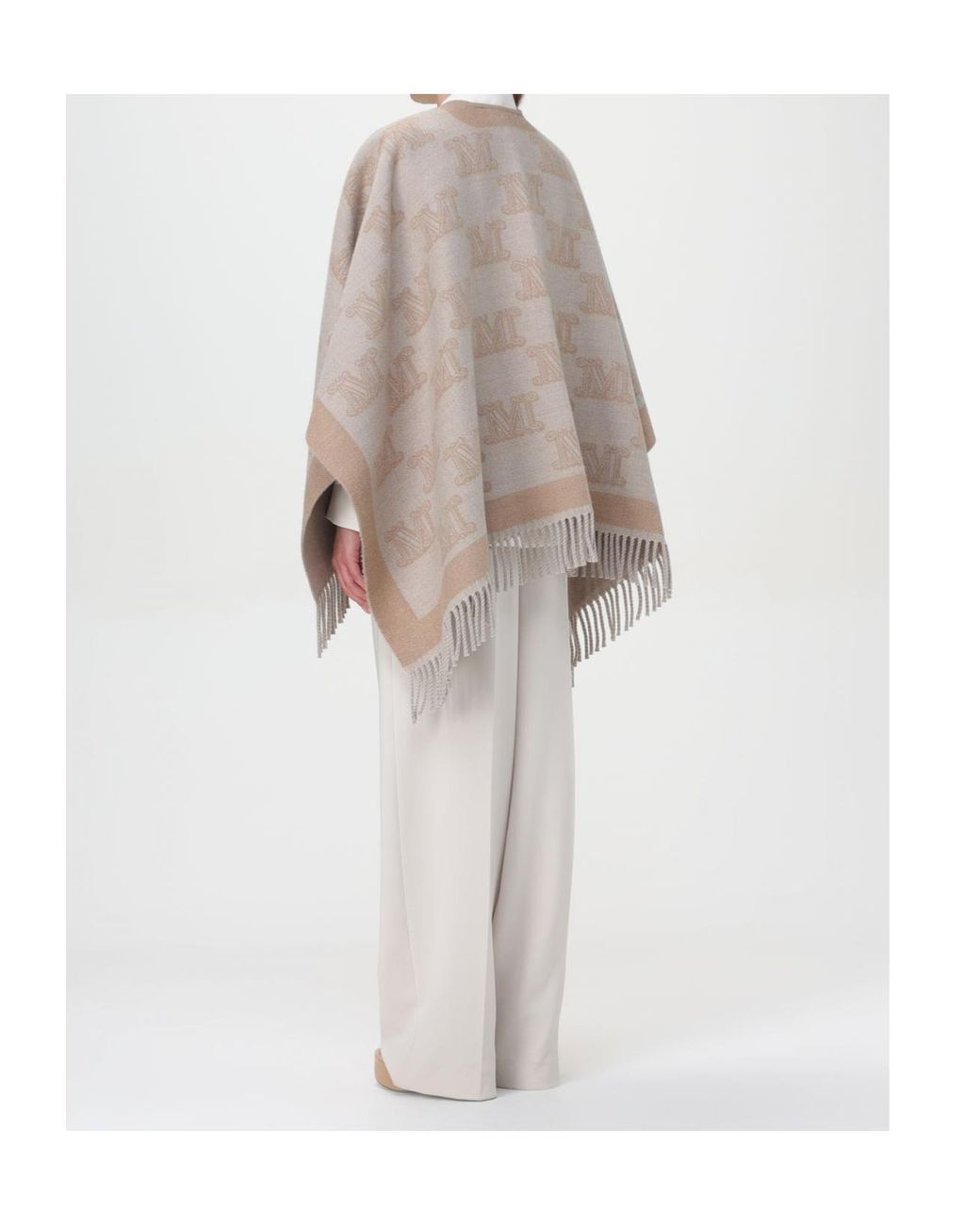Max Mara Gray Studio All-Over Logo Patterned Fringed Edge Cape