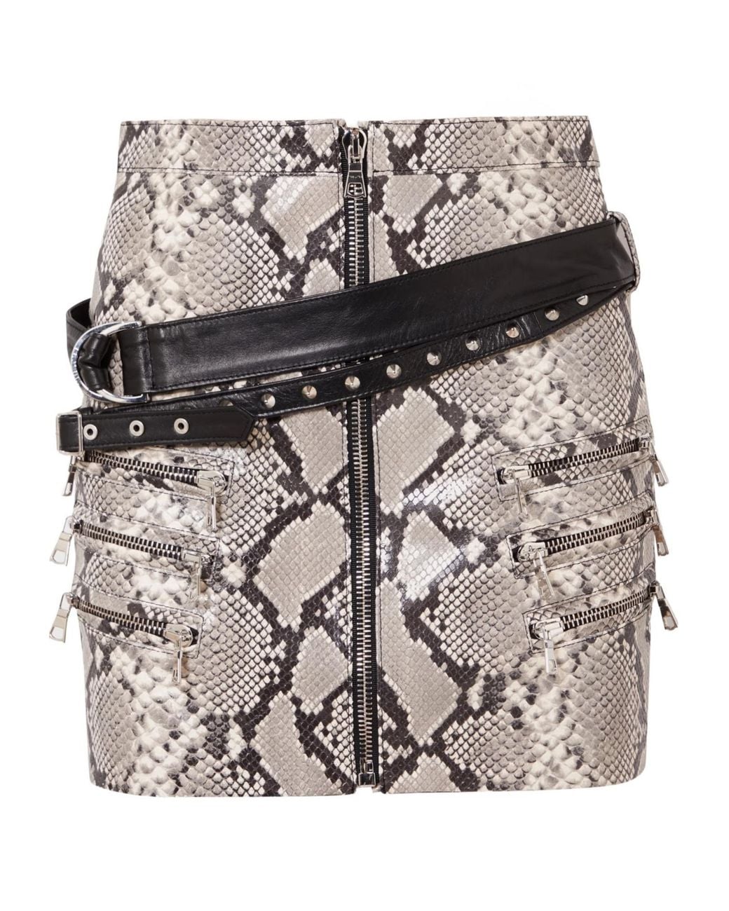 Unravel Project Gray Belted Snake-Effect Leather Mini Skirt