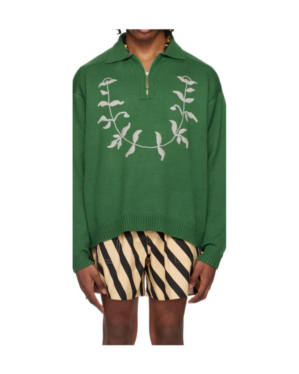 Bode Green Floret Wool Polo Jumper for men