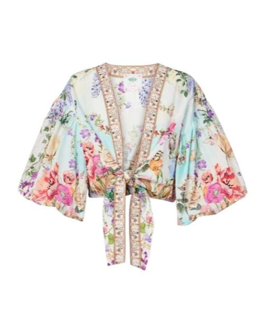 Camilla White Tie-Front Puff-Sleeve Crop Top